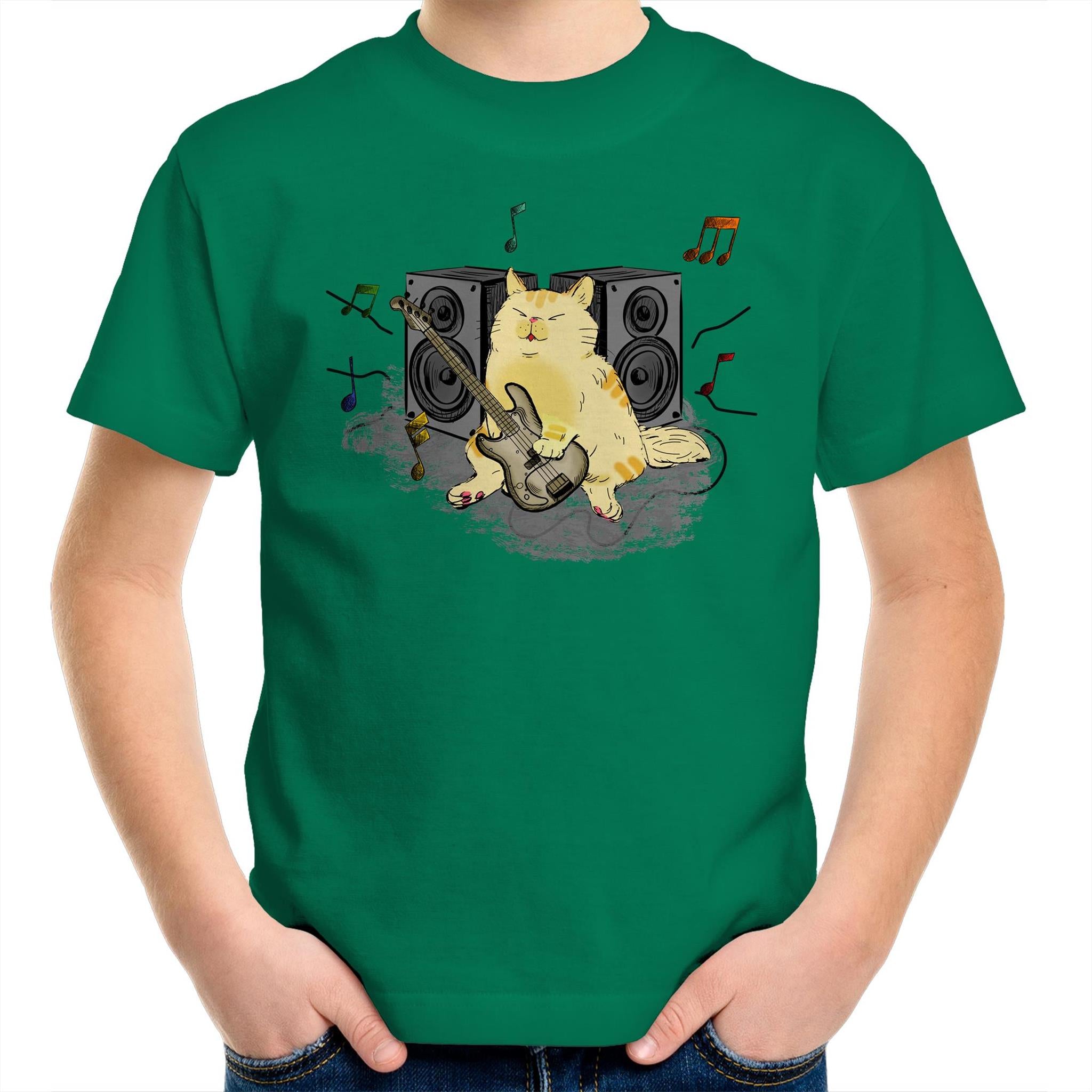 Cat Bass Player - Kids Youth T-Shirt Kelly Green Kids Youth T-shirt animal Music Printed In Australia