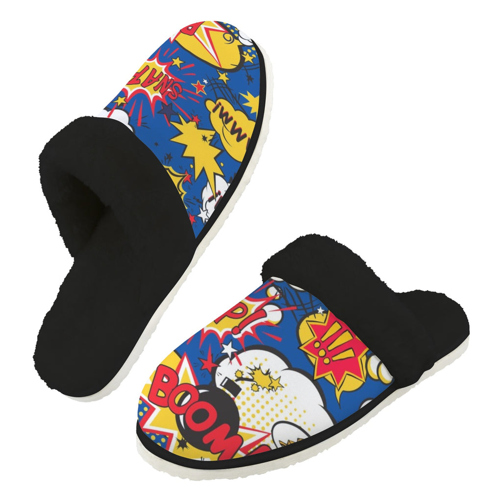Blue Comic Book Men's Fur Trim Thick-Sole Indoor Slippers 2XL Men's Fur Trimmed Slippers comic Printed Offshore