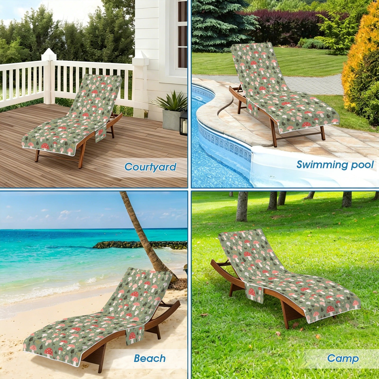 Mushroom Garden Beach Chair Towel Cover with Side Pockets