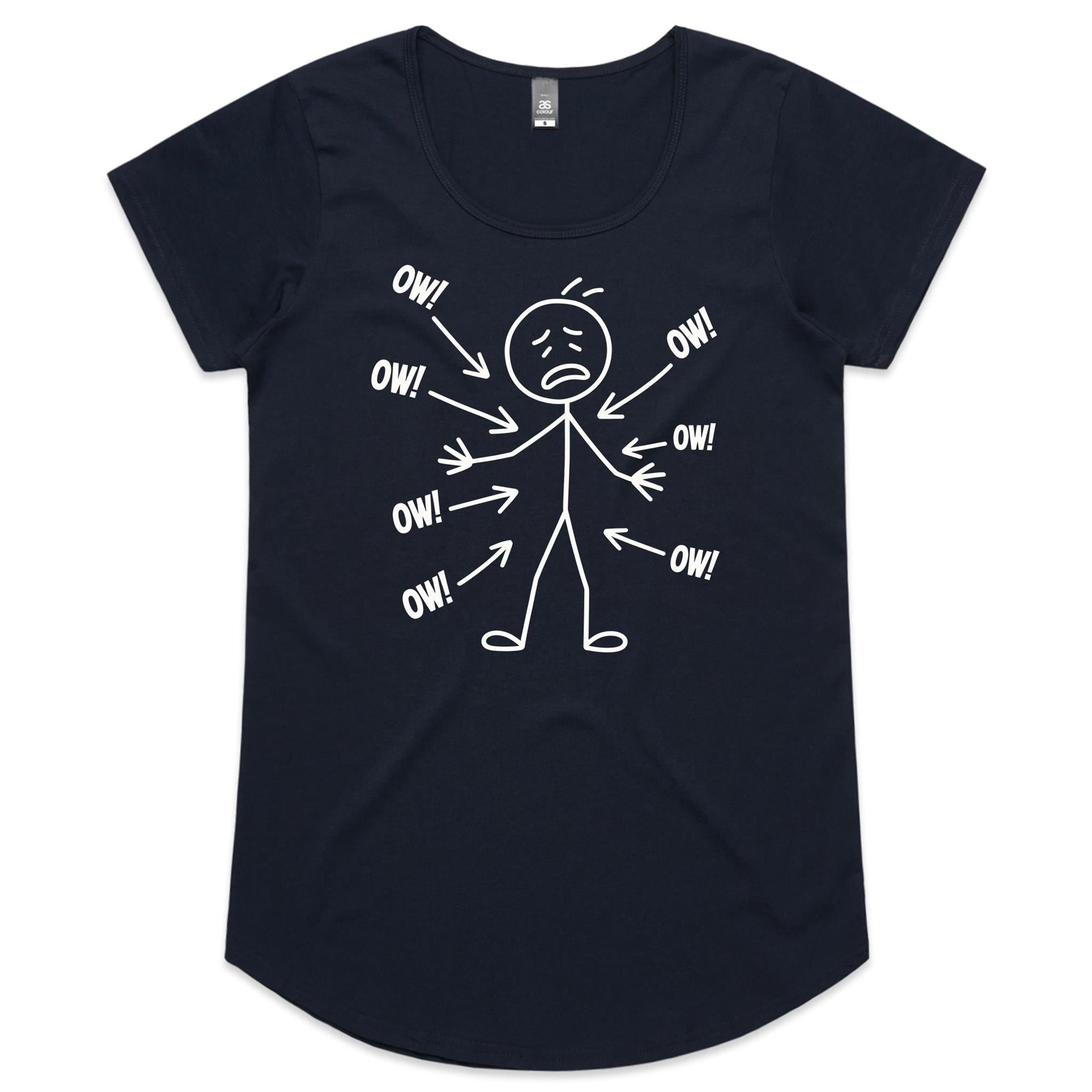 Ow! Everything Hurts Stick Figure Women's AS Colour Scoop Neck T-Shirt Navy Womens Scoop Neck T-shirt Printed In Australia