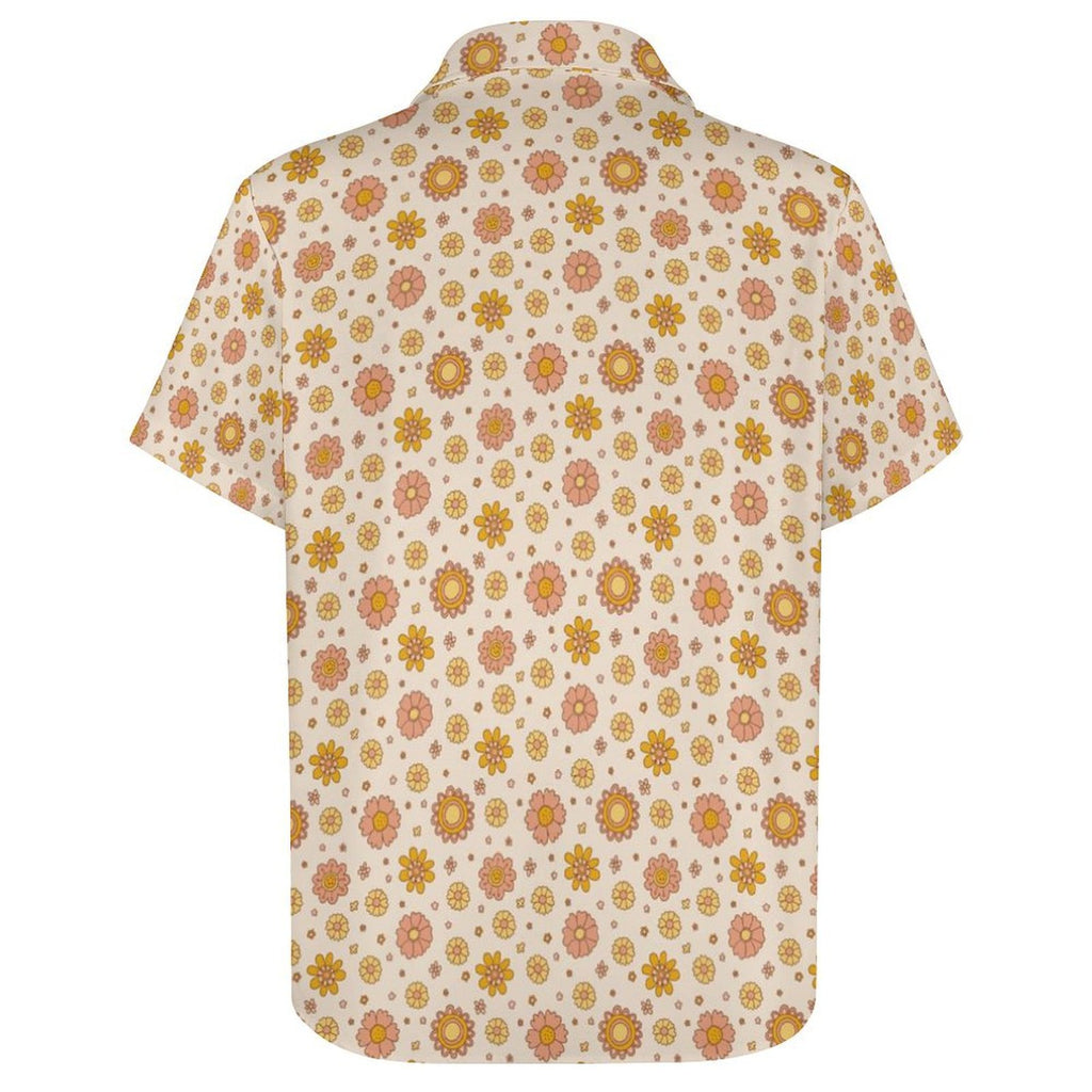 Orange Flowers Women's Collared Pocketless Short Sleeve Shirt