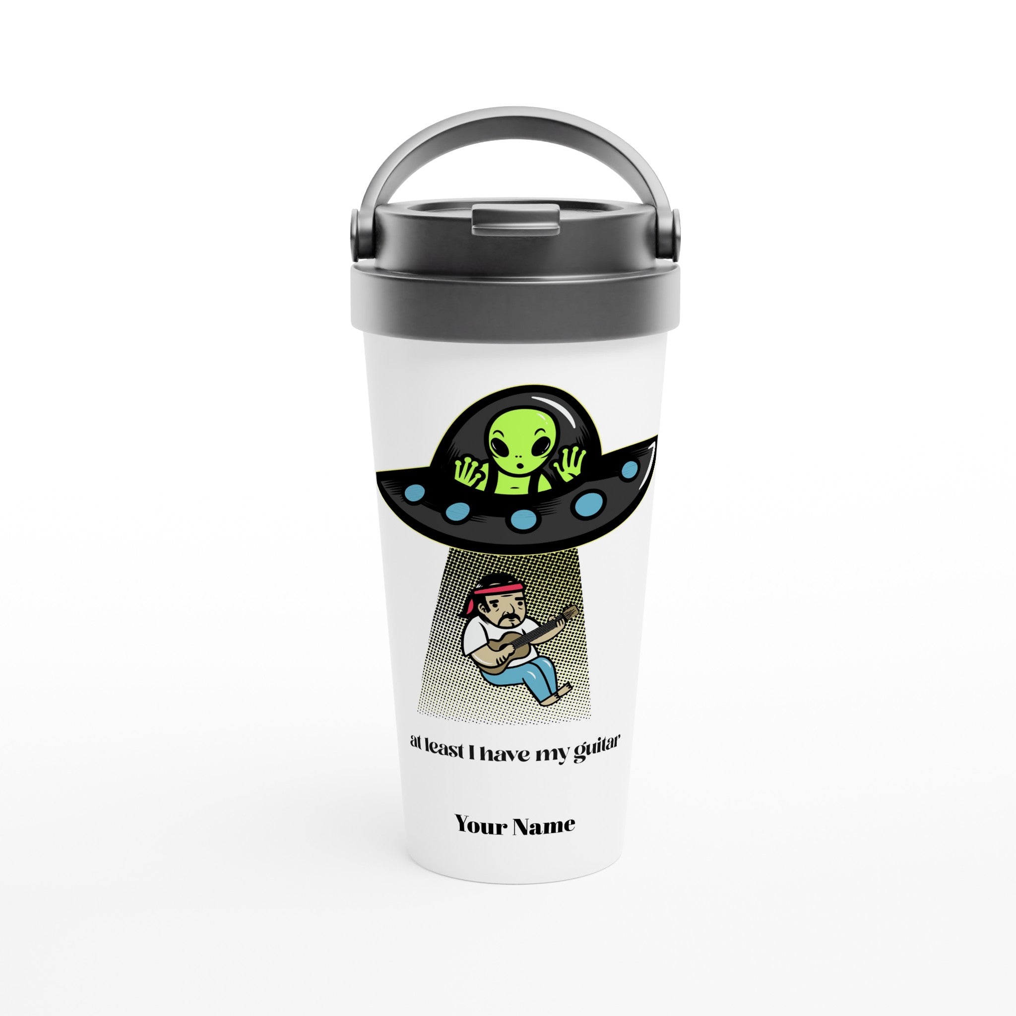 Personalised - Guitarist Alien Abduction - White 15oz Stainless Steel Travel Mug Default Title Personalised Travel Mug funny Globally Fulfilled Music Sci Fi