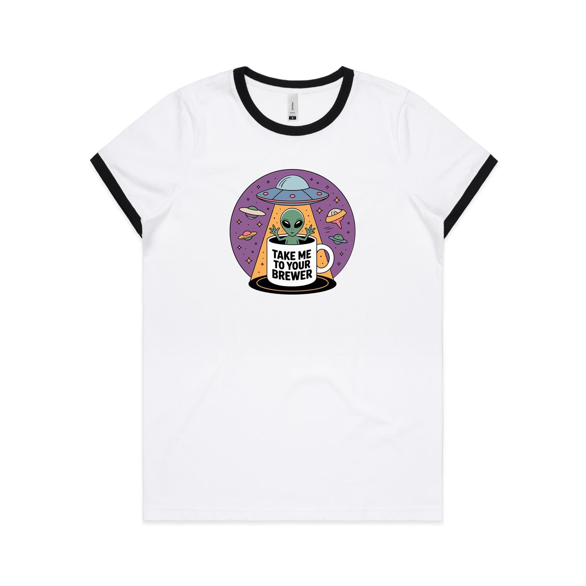 Coffee, Alien, UFO, Take Me To Your Brewer AS Colour Women's Ringer Tee White Black Womens Ringer T-shirt Coffee Printed In Australia Sci Fi