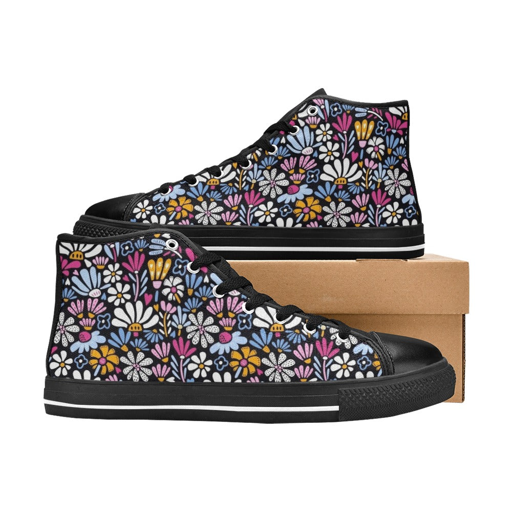 Graphic Flowers On Black Kids High Top Canvas Shoes
