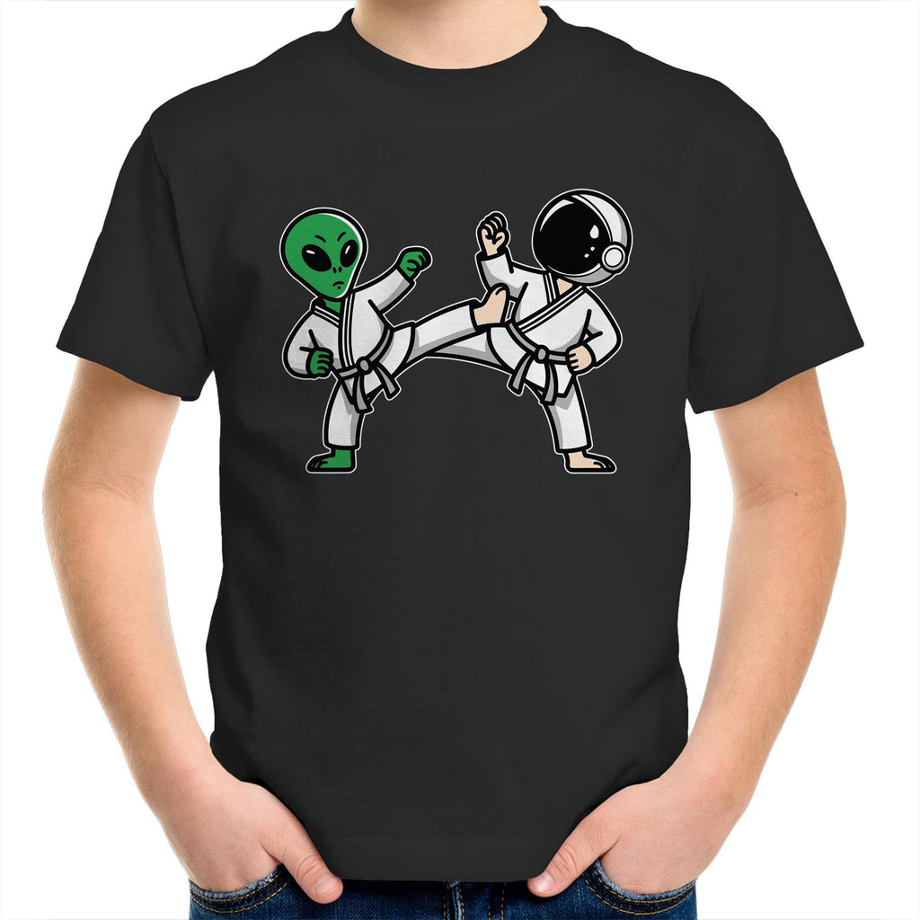 Alien And Astronaut Karate - Kids Youth T-Shirt Black Kids Youth T-shirt Printed In Australia Sci Fi Space