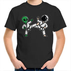 Alien And Astronaut Karate - Kids Youth T-Shirt Black Kids Youth T-shirt Printed In Australia Sci Fi Space
