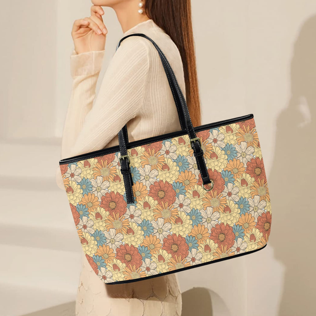Vintage Retro Floral PU Leather Tote Bag Large Leather Tote Bag-Large Plants Printed Offshore
