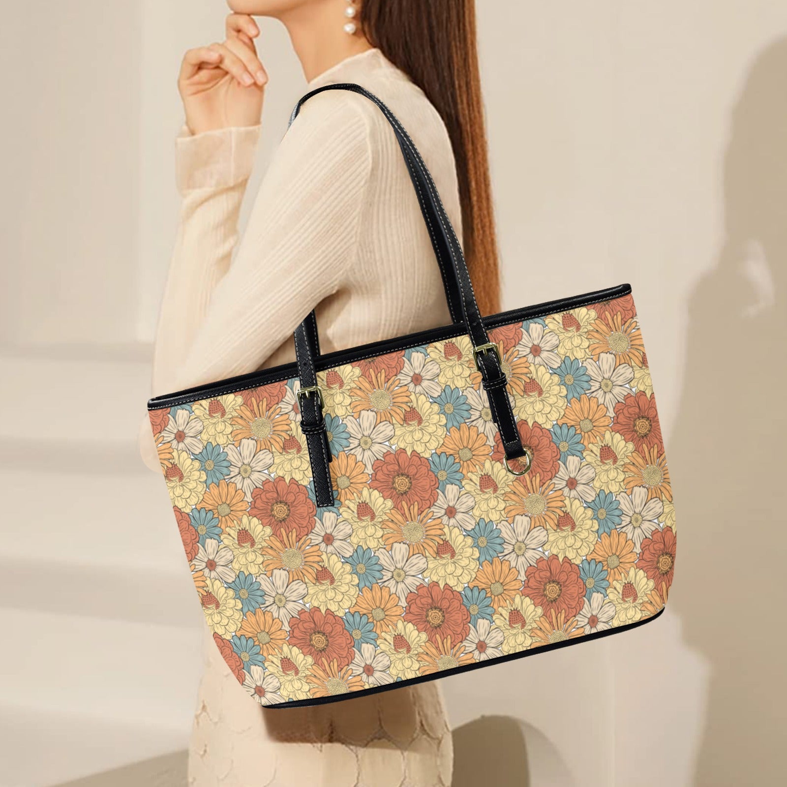 Vintage Retro Floral PU Leather Tote Bag Large Leather Tote Bag-Large Plants Printed Offshore