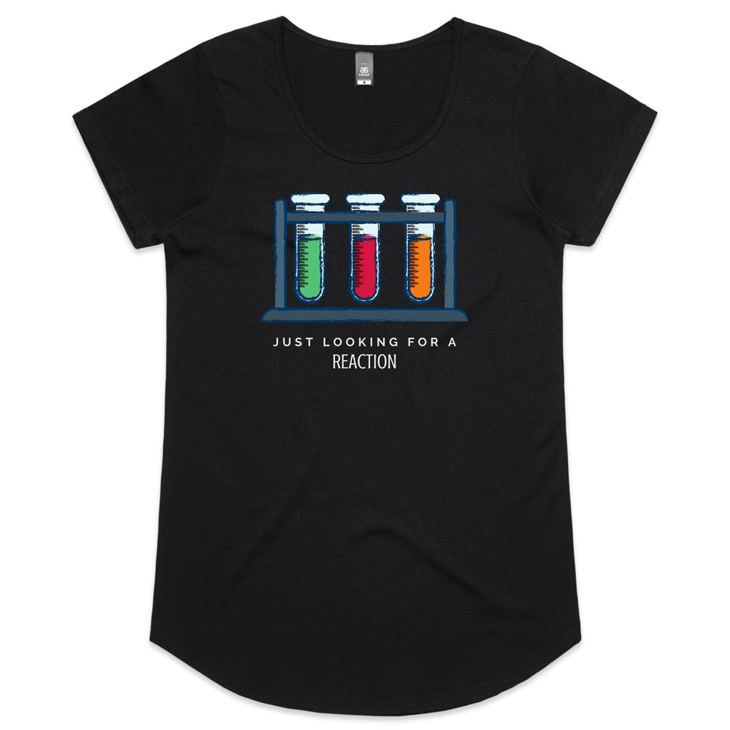 Test Tubes, Just Looking For A Reaction - Womens Scoop Neck T-Shirt Black Womens Scoop Neck T-shirt Printed In Australia Science