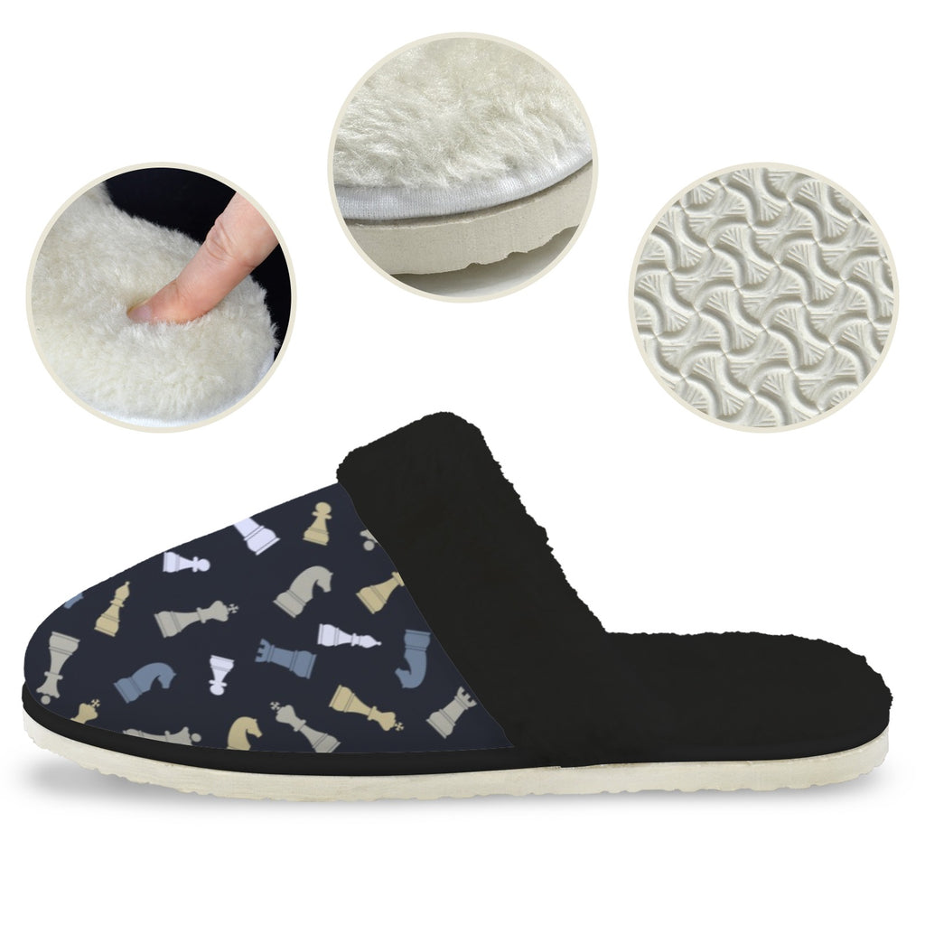 Chess Pattern Women's Fur Trim Thick-Sole Indoor Slippers Women's Fur Trimmed Slippers Chess Games Printed Offshore