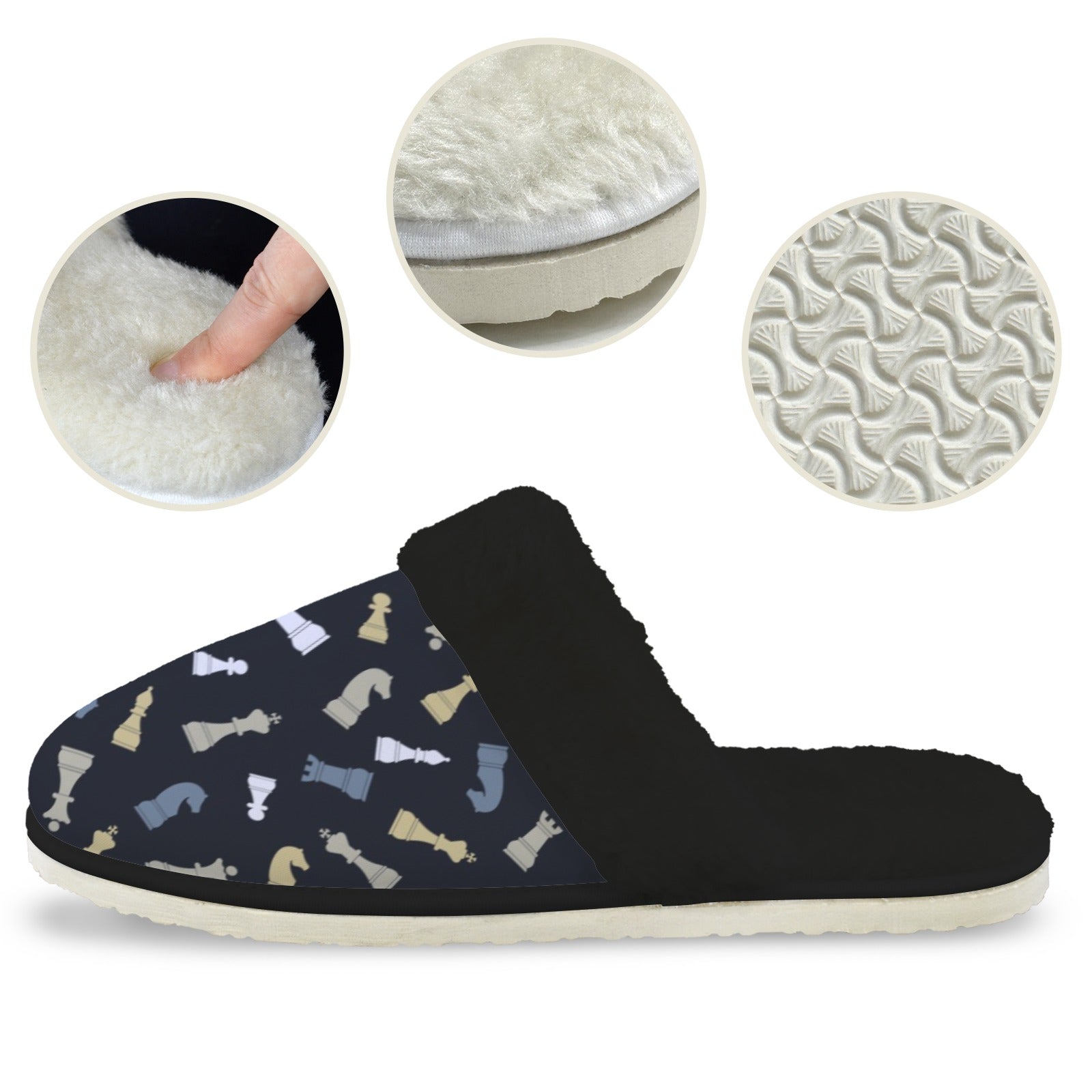 Chess Pattern Women's Fur Trim Thick-Sole Indoor Slippers Women's Fur Trimmed Slippers Chess Games Printed Offshore