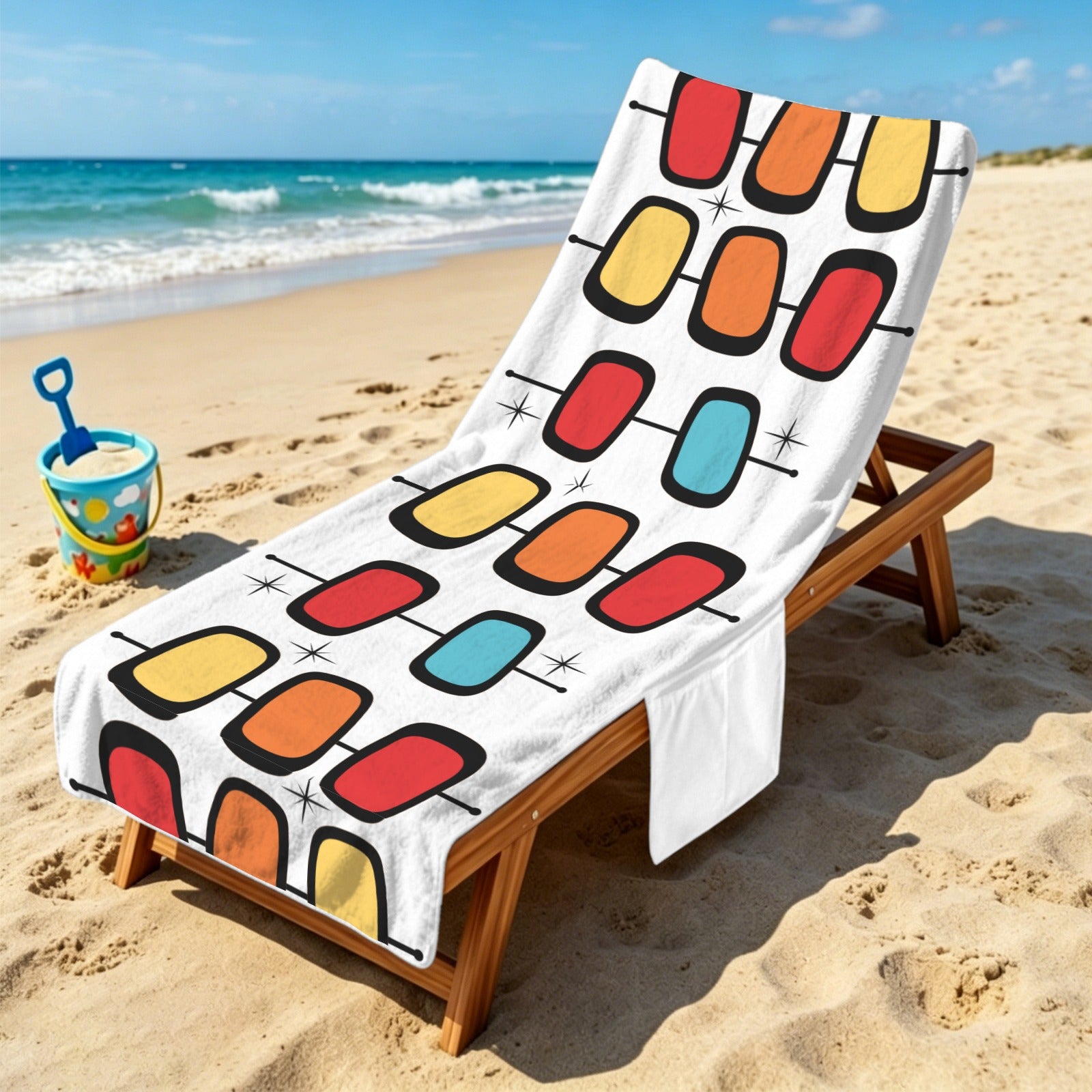 Retro Shapes Beach Chair Towel Cover with Side Pockets
