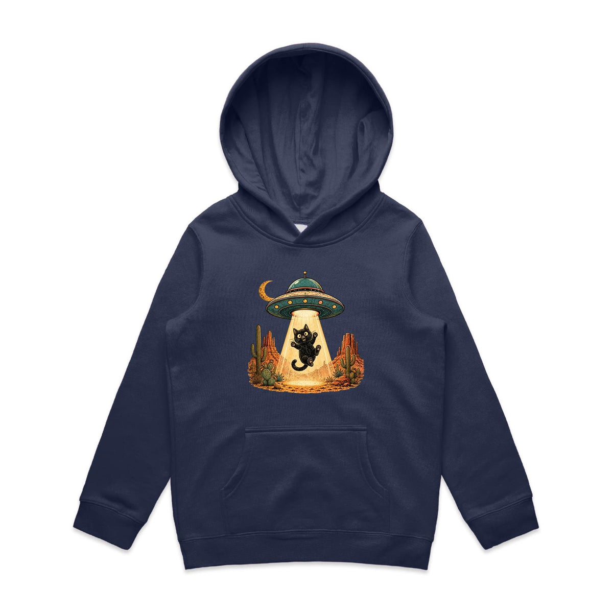 Black Cat Alien UFO Abduction Kids AS Colour Hoodie