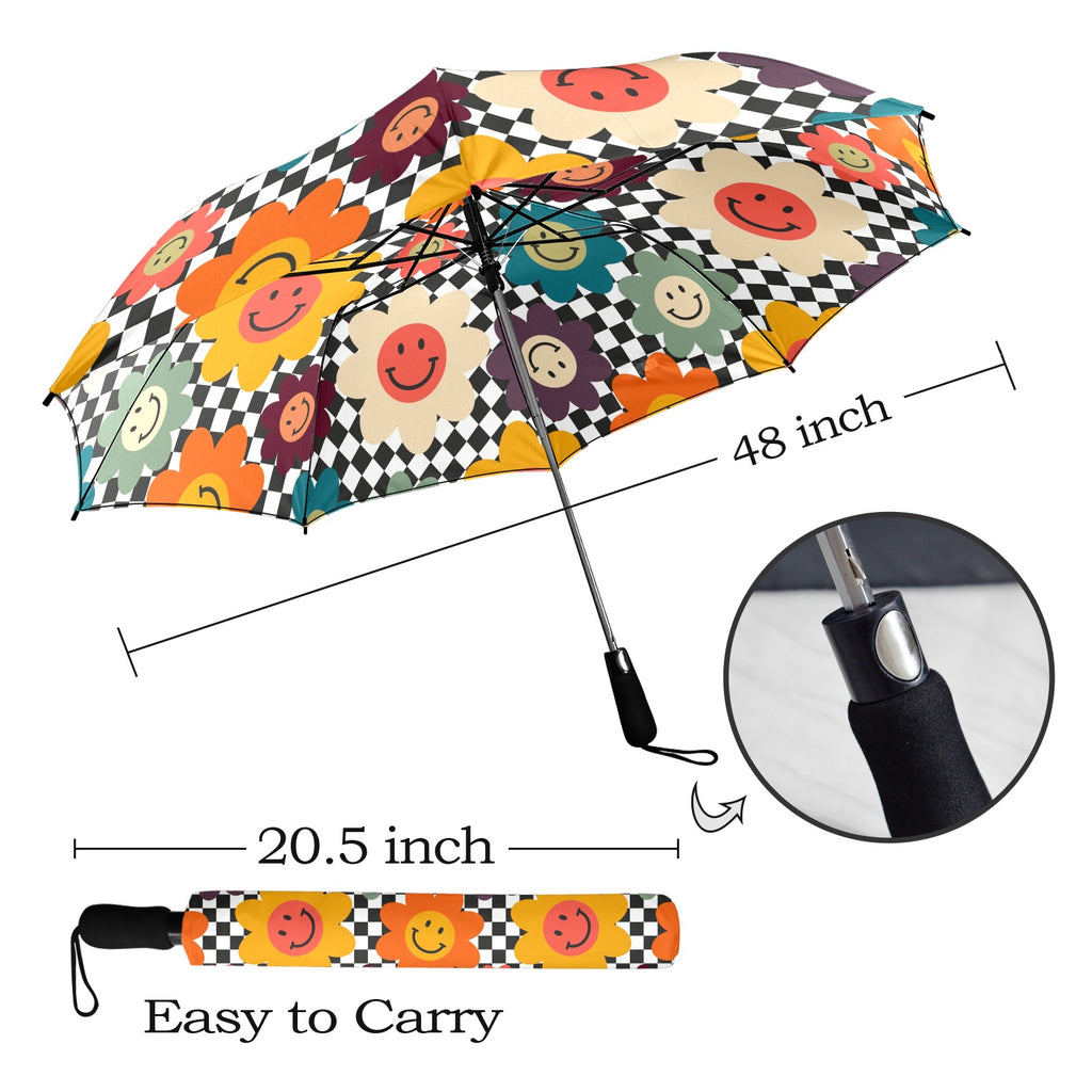 Happy Retro Flowers - Semi-Automatic Foldable Umbrella (Model U12) Semi-Automatic Foldable Umbrella (U12)