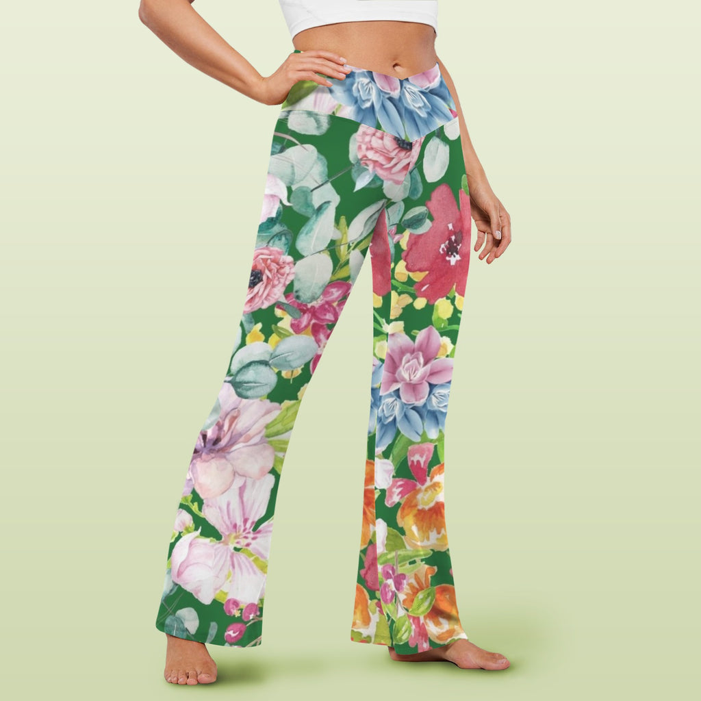 Bright Floral High Waist Crossover Tummy Control Flare Leggings High Waist Flare Leggings Plants Printed Offshore