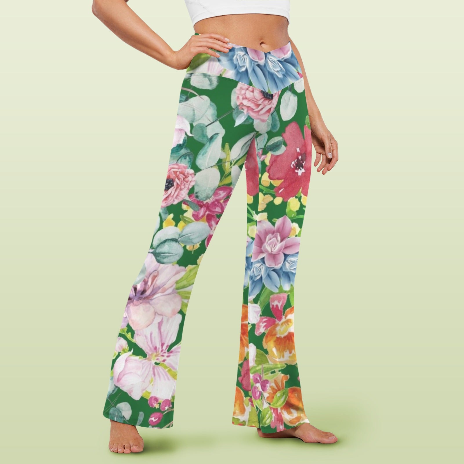Bright Floral High Waist Crossover Tummy Control Flare Leggings High Waist Flare Leggings Plants Printed Offshore