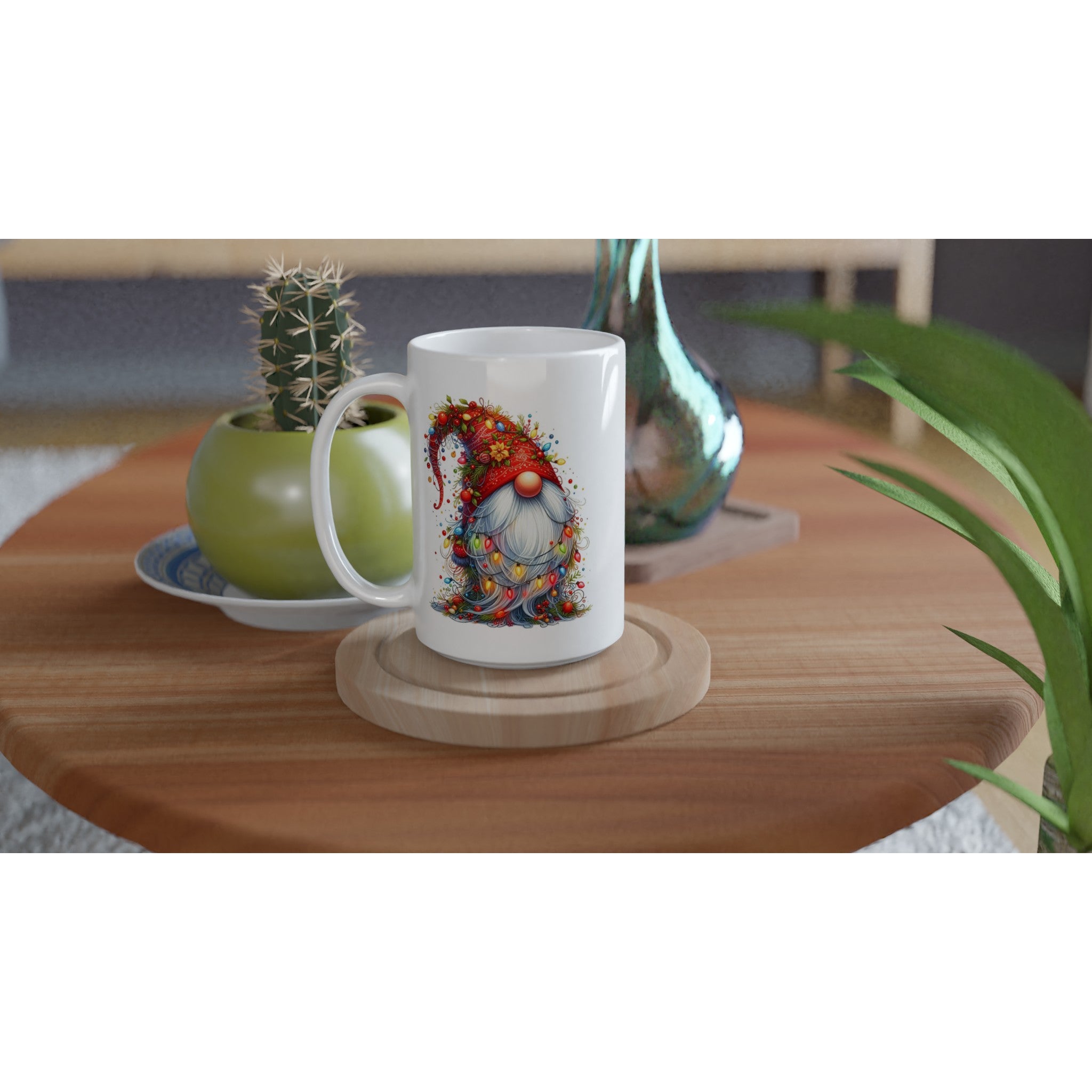 Christmas Gnome Wrapped In Lights - White 15oz Ceramic Mug Christmas 15oz Mug Christmas Globally Fulfilled