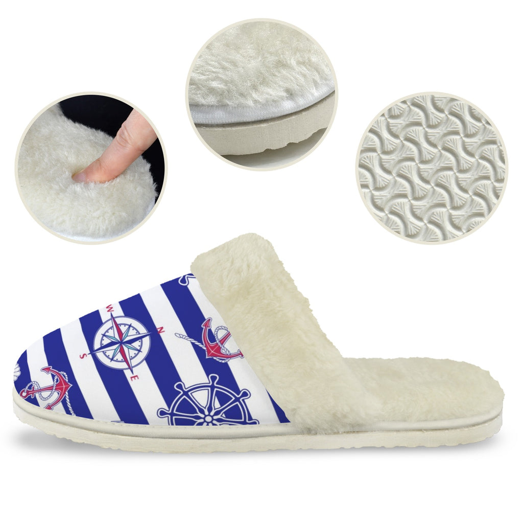 Anchors Away Men's Fur Trim Thick-Sole Indoor Slippers Men's Fur Trimmed Slippers Ocean Printed Offshore