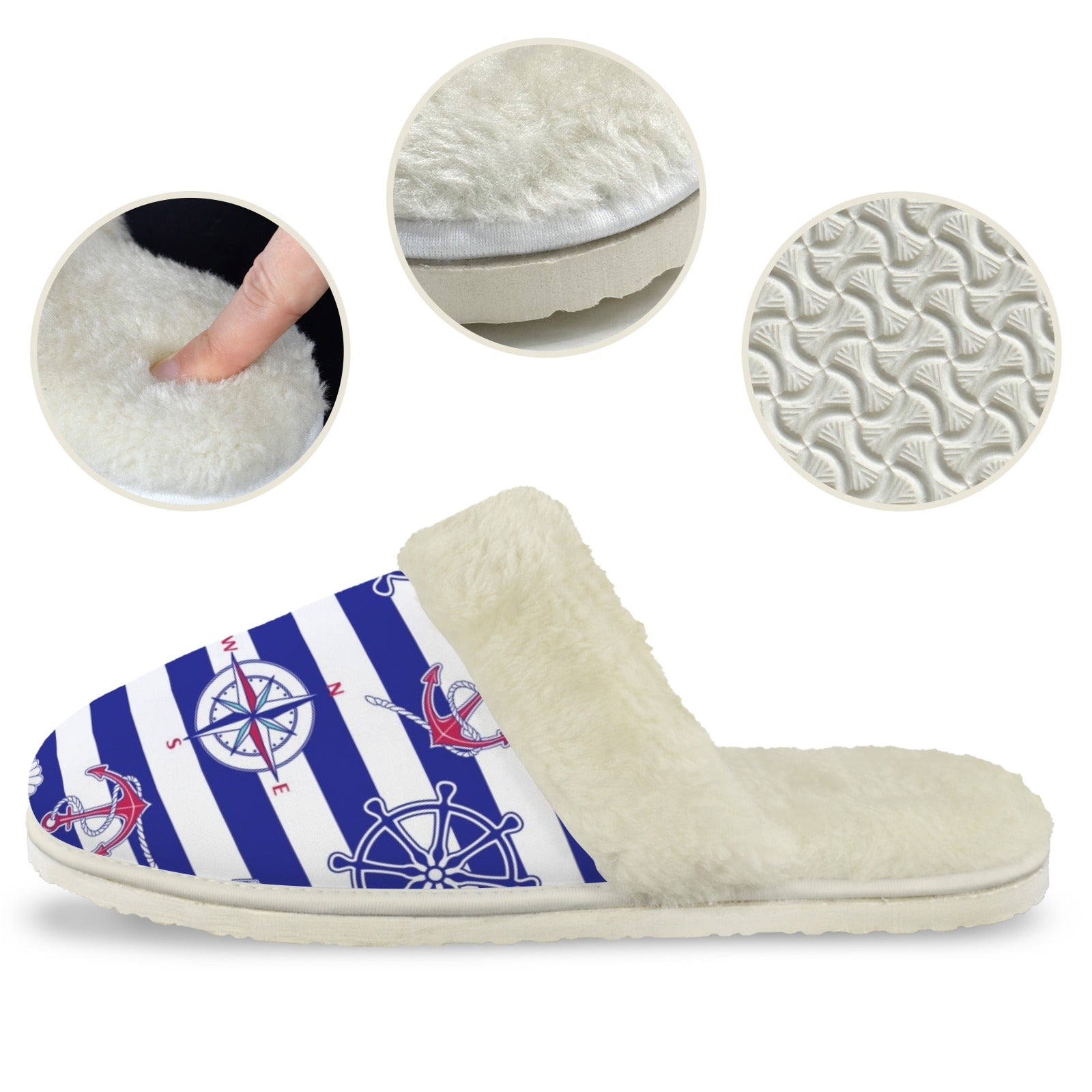 Anchors Away Men's Fur Trim Thick-Sole Indoor Slippers Men's Fur Trimmed Slippers Ocean Printed Offshore