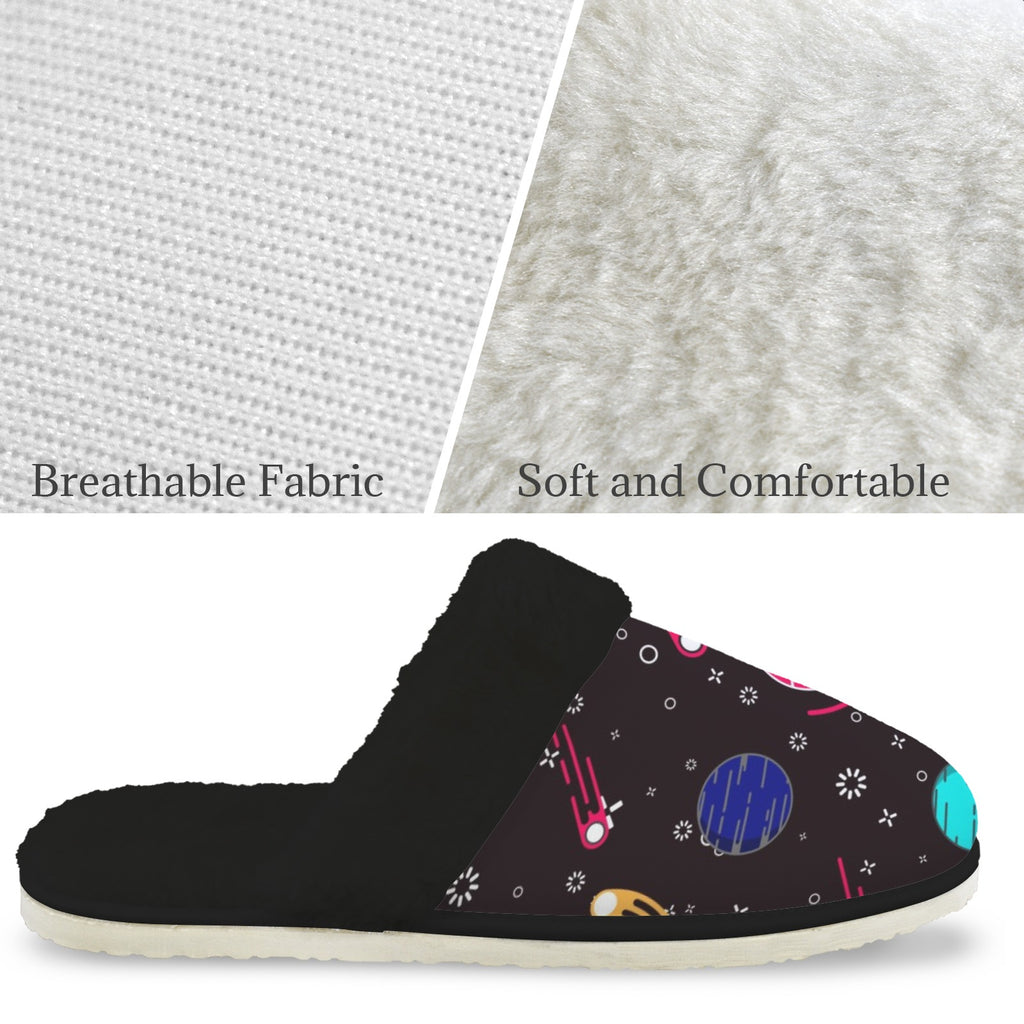 Planet Orbit Women's Fur Trim Thick-Sole Indoor Slippers Women's Fur Trimmed Slippers Printed Offshore Space