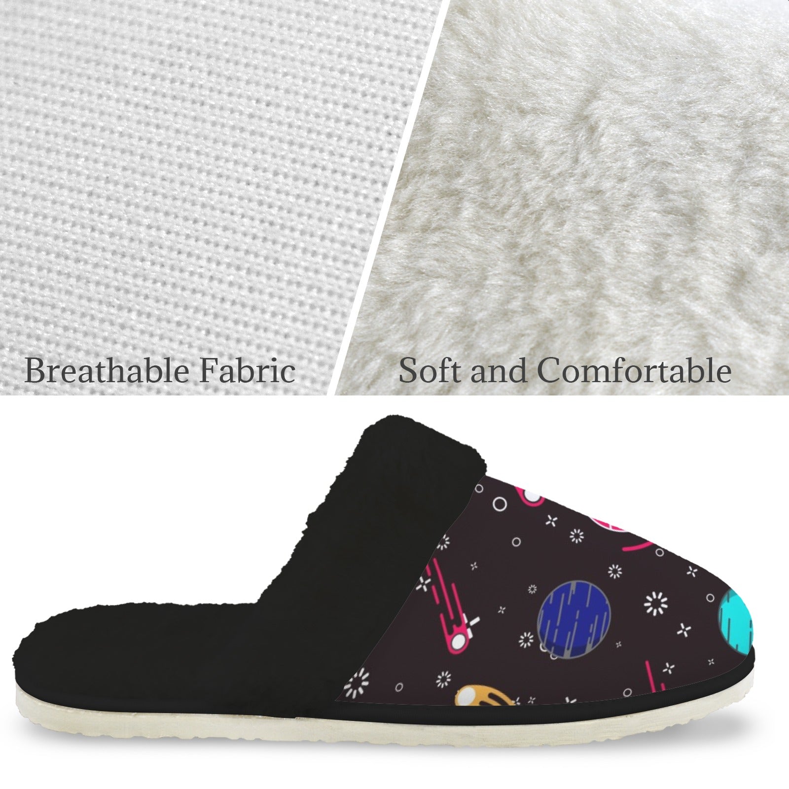 Planet Orbit Women's Fur Trim Thick-Sole Indoor Slippers Women's Fur Trimmed Slippers Printed Offshore Space