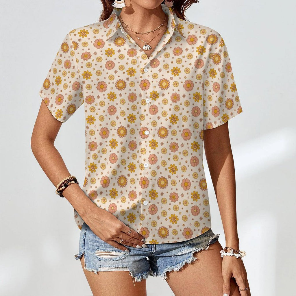 Orange Flowers Women's Collared Pocketless Short Sleeve Shirt