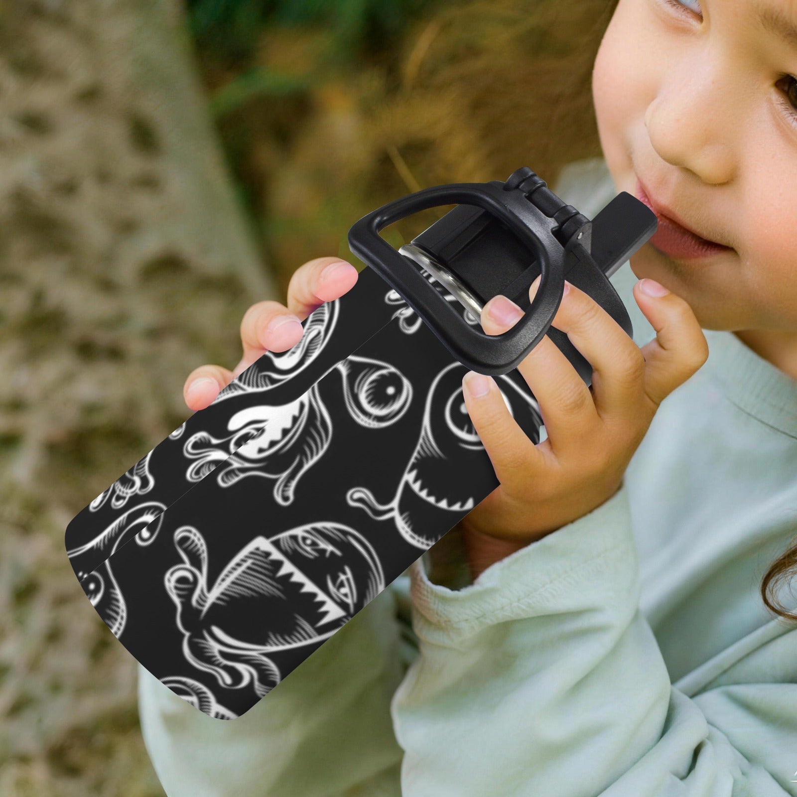 Monsters In Black And White 12oz Kids Water Bottle with Straw Lid