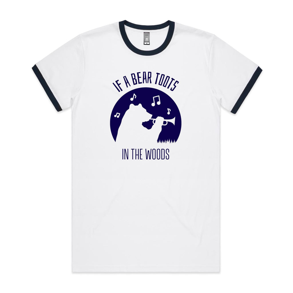 If A Bear Toots In The Woods, Trumpet Player - Staple Ringer Tee White Navy Ringer T-Shirt animal Music Printed In Australia