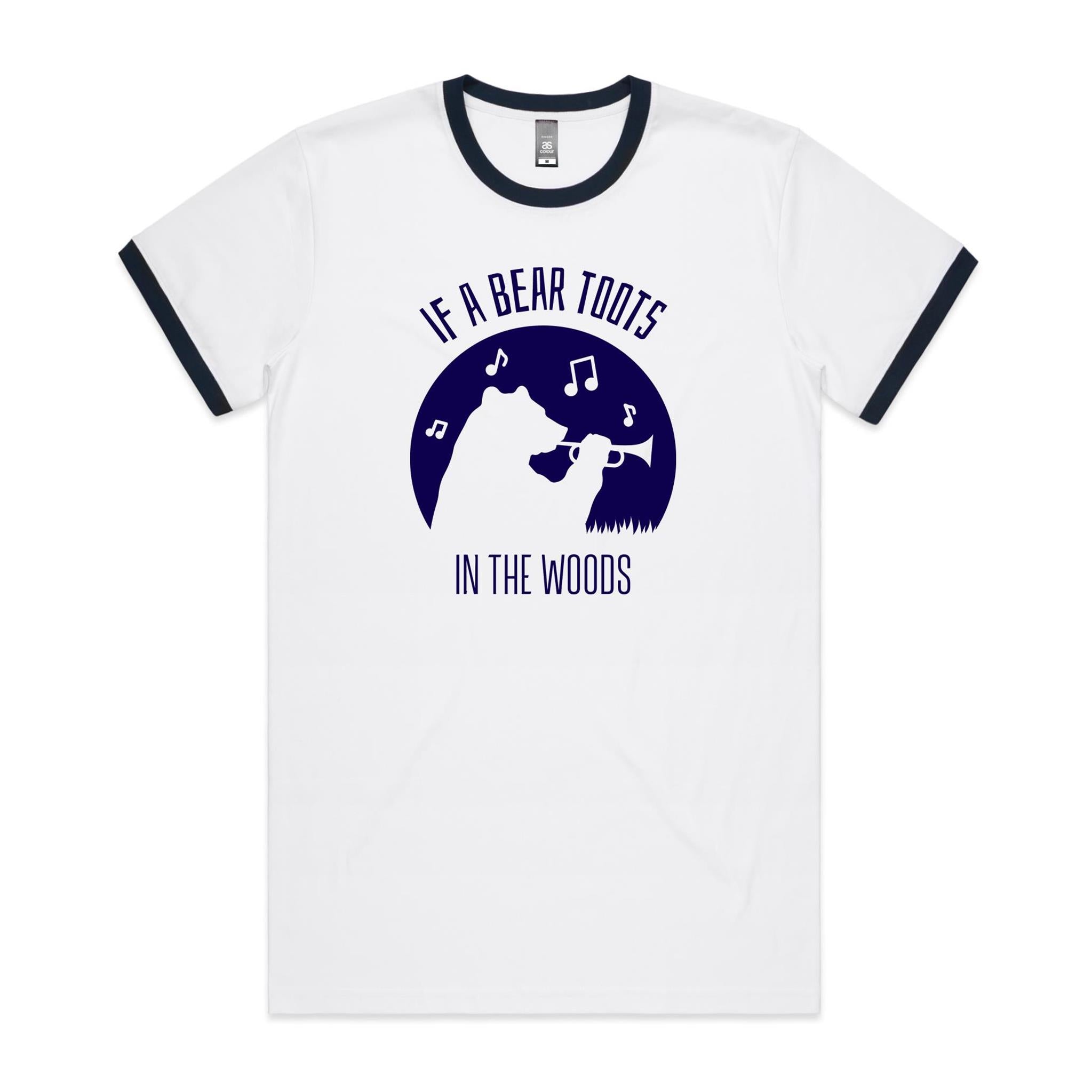 If A Bear Toots In The Woods, Trumpet Player - Staple Ringer Tee White Navy Ringer T-Shirt animal Music Printed In Australia
