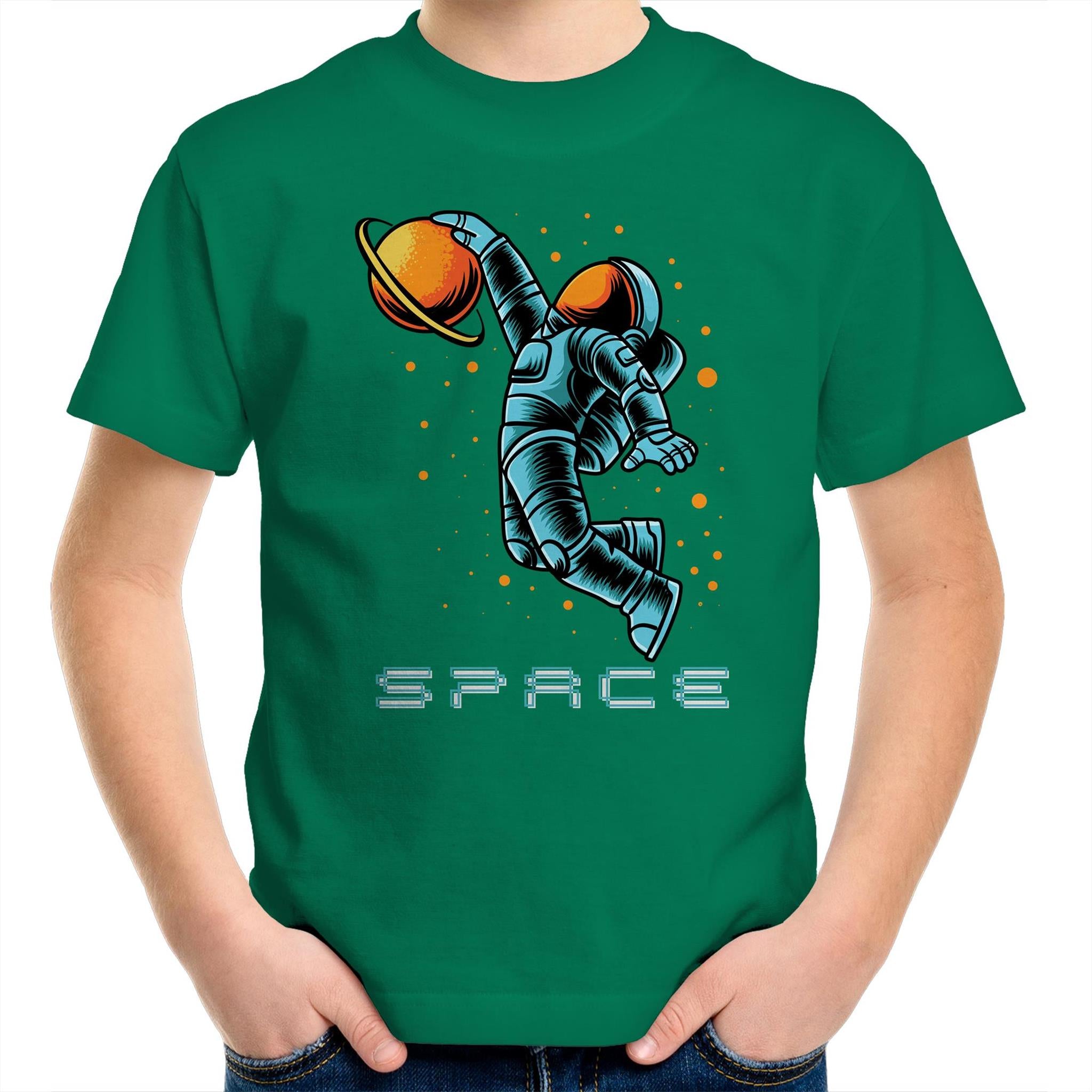Astronaut Basketball - Kids Youth T-Shirt Kelly Green Kids Youth T-shirt Printed In Australia Space