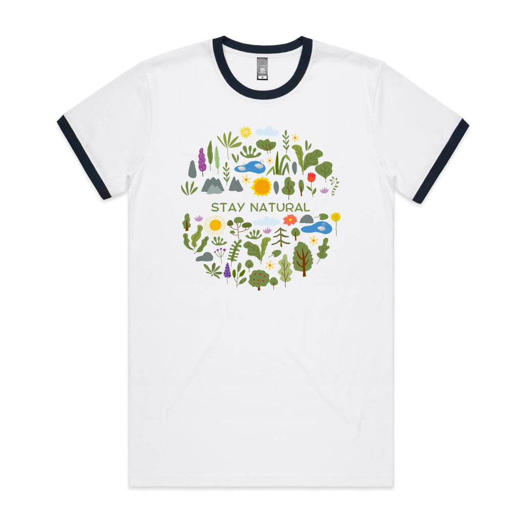 Stay Natural - Staple Ringer Tee White Navy Ringer T-Shirt Plants Printed In Australia
