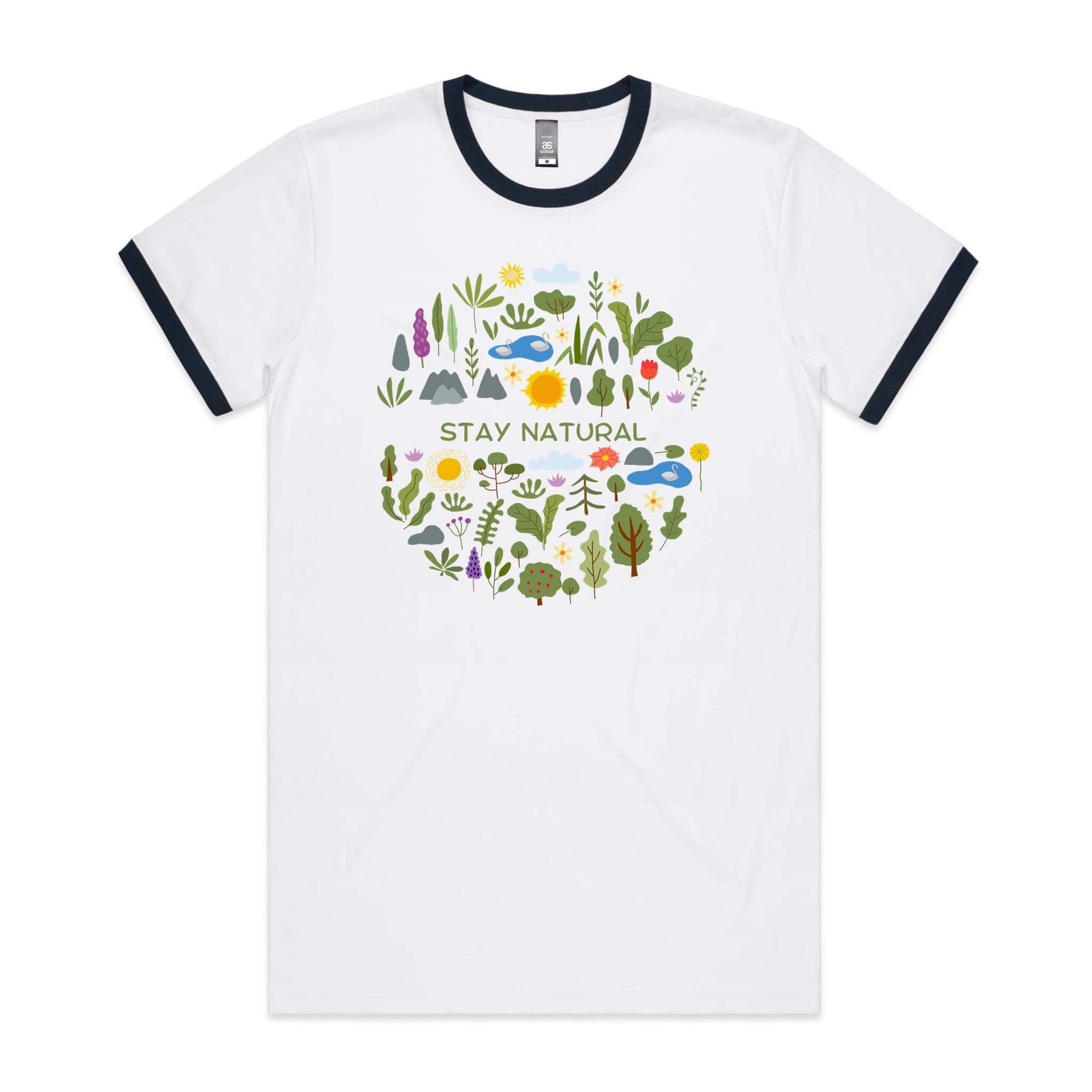 Stay Natural - Staple Ringer Tee White Navy Ringer T-Shirt Plants Printed In Australia