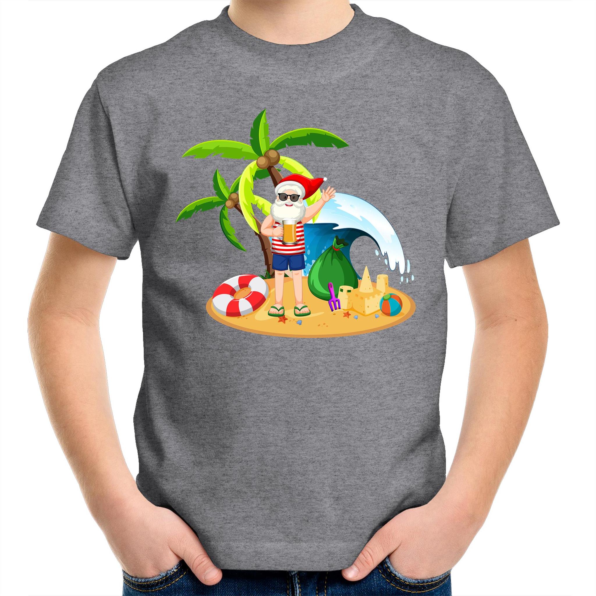 Summer Surf Santa - Kids Youth T-Shirt Grey Marle Kids Christmas T-shirt Christmas Printed In Australia