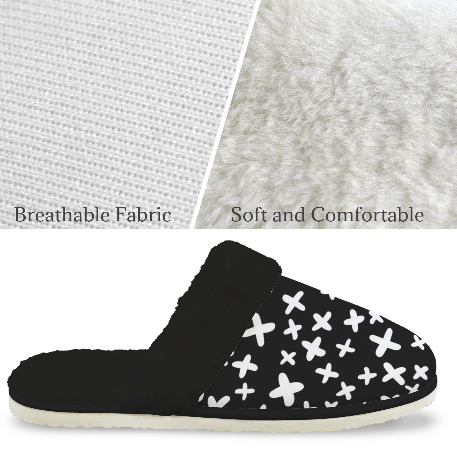 Black And White X's - Men's Fur Trim Thick-Sole Indoor Slippers Men's Fur Trimmed Slippers Printed Offshore