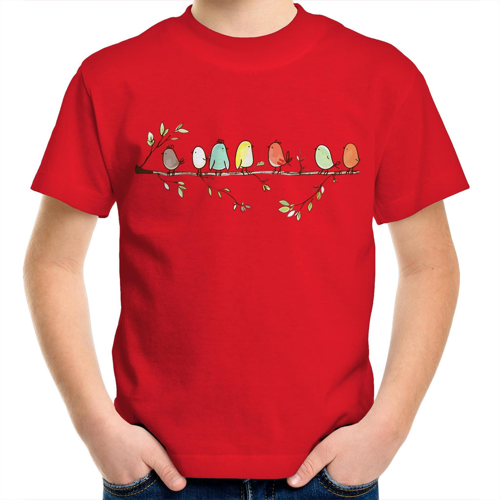 Birds On A Branch - Kids Youth T-Shirt Red Kids Youth T-shirt animal Printed In Australia