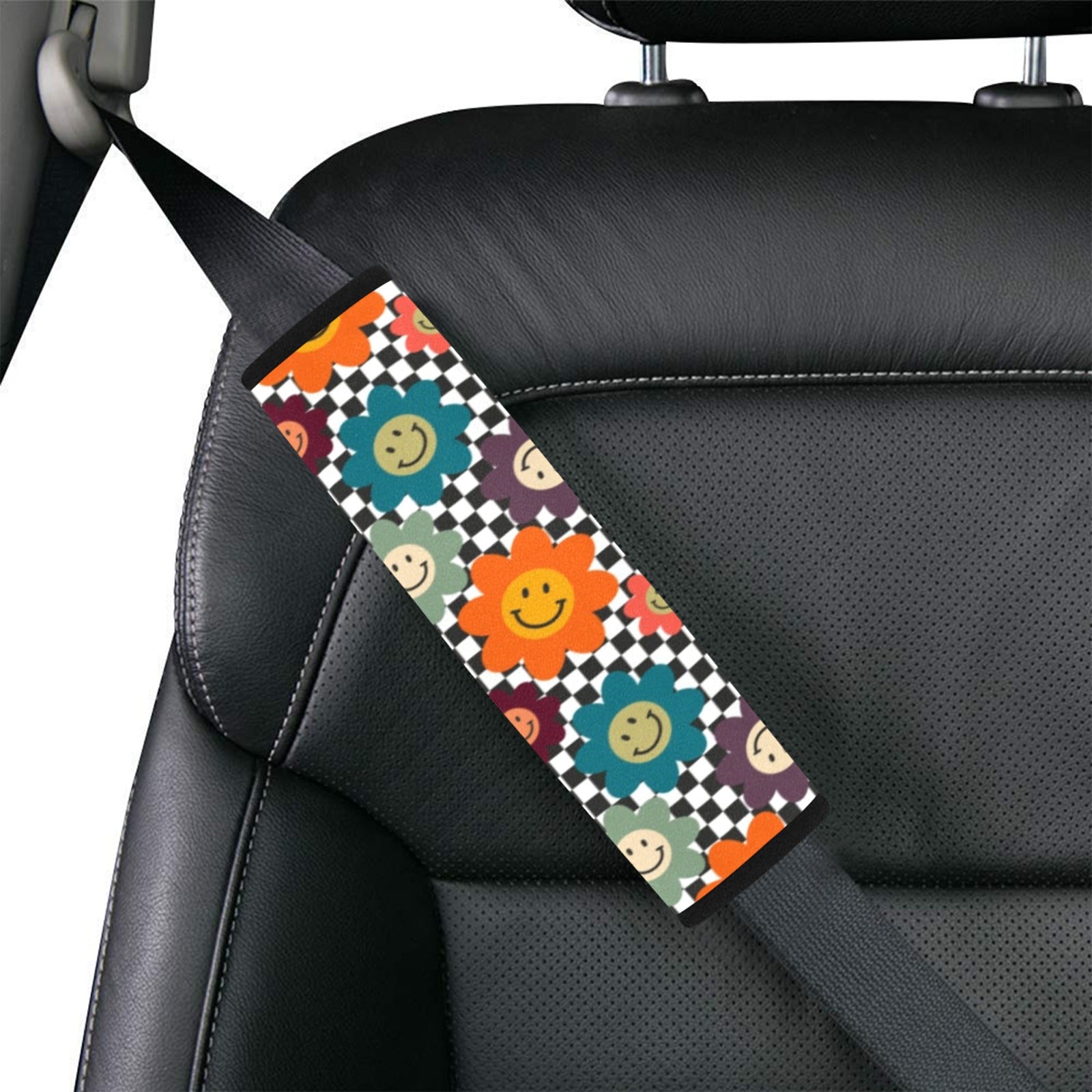 Happy Retro Flowers - Car Seat Belt Cover 7''x10'' (Pack of 2) Car Seat Belt Cover 7x10 (Pack of 2) Printed Offshore