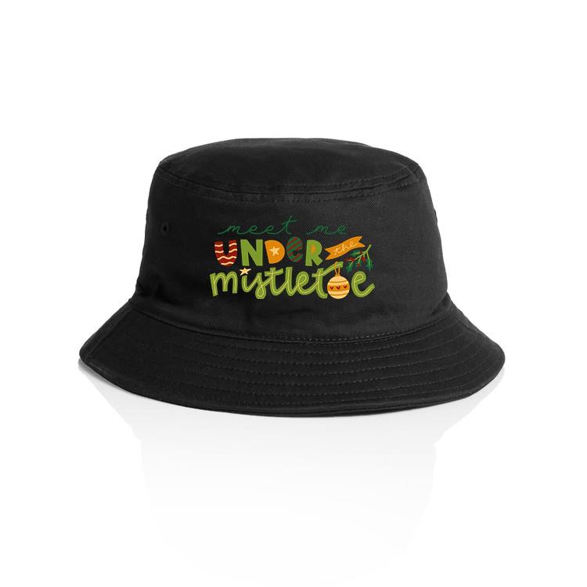 Meet Me Under The Mistletoe - Christmas AS Colour Bucket Hat Black One Size Christmas Bucket Hat Christmas Printed In Australia