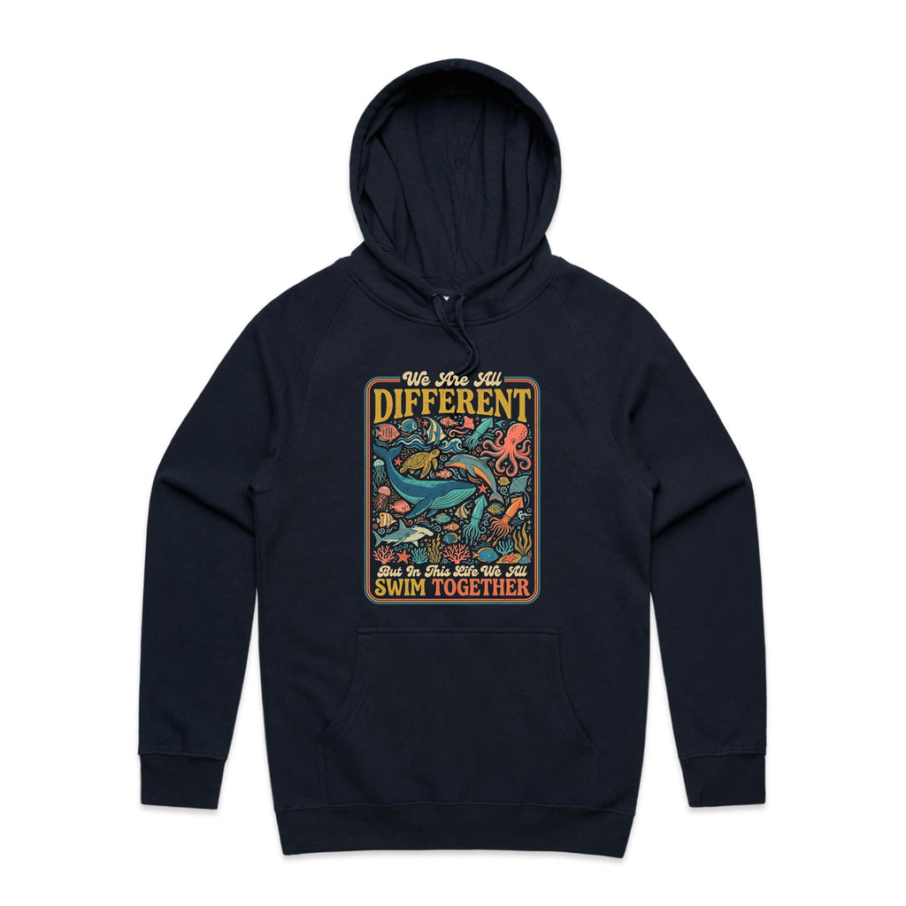 We Are All Different, But We All Swim Together Men's AS Colour Hoodie Navy Mens Hoodie animal Ocean Positivity Printed In Australia