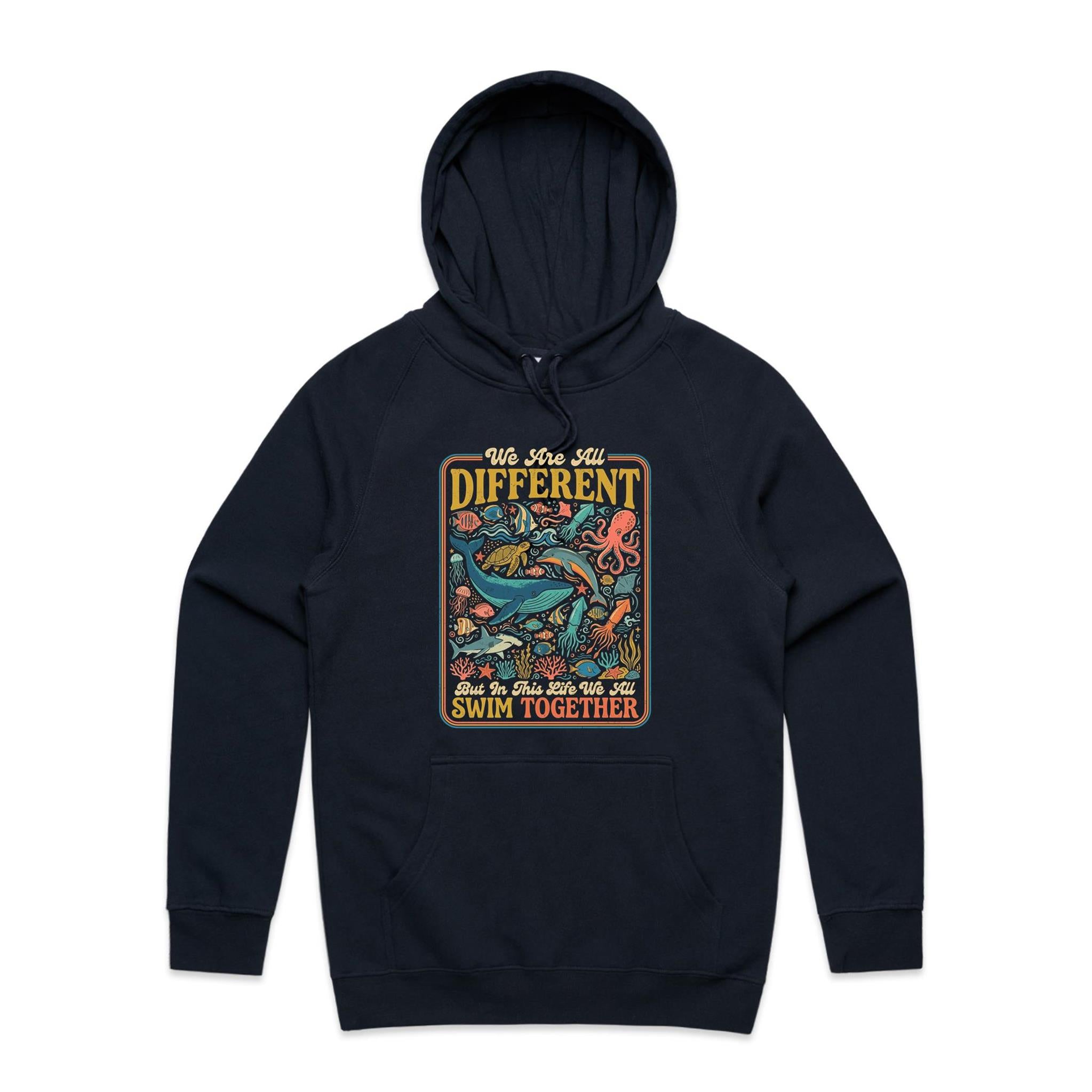 We Are All Different, But We All Swim Together - Men's AS Colour Hoodie Navy Mens Hoodie animal Ocean Positivity Printed In Australia