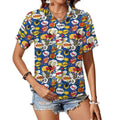 Comic Book Blue Women's Short-Sleeve Button Up Shirt white Women's Short-Sleeve Button Up Shirt comic Printed Offshore