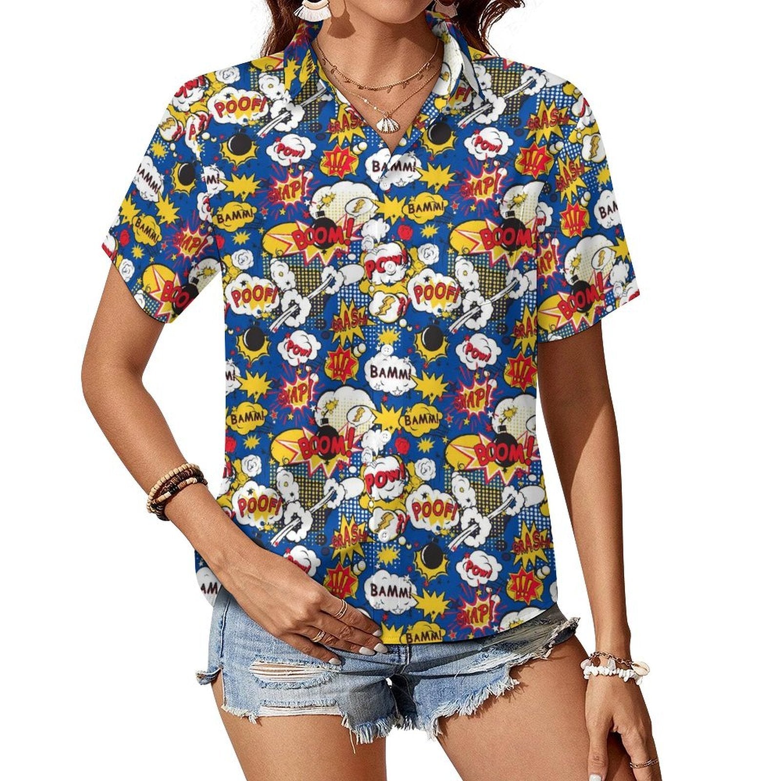 Comic Book Blue Women's Short-Sleeve Button Up Shirt white Women's Short-Sleeve Button Up Shirt comic Printed Offshore