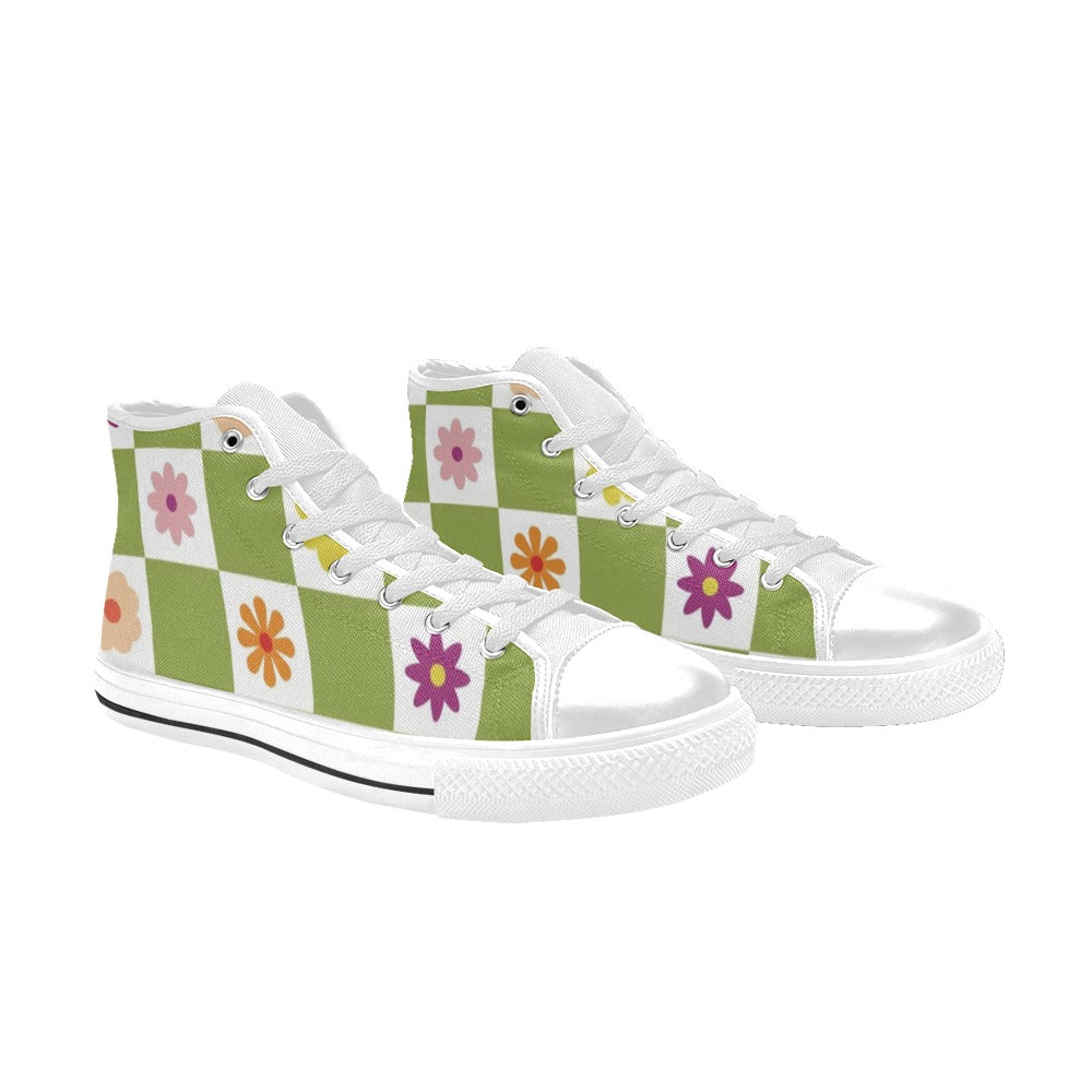 Flower Check Kids High Top Canvas Shoes Kids High Top Canvas Shoes Plants Printed Offshore