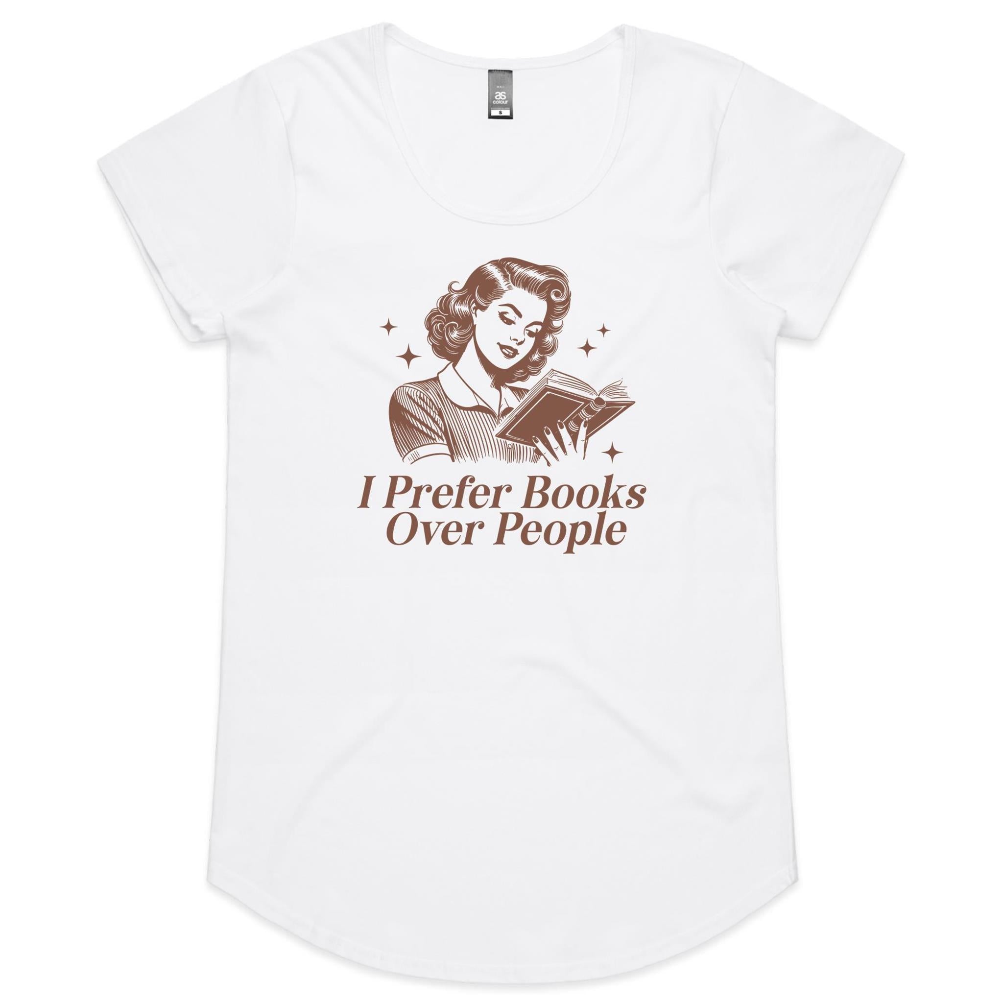 I Prefer Books Over People - Womens Scoop Neck T-Shirt White Womens Scoop Neck T-shirt Printed In Australia Reading