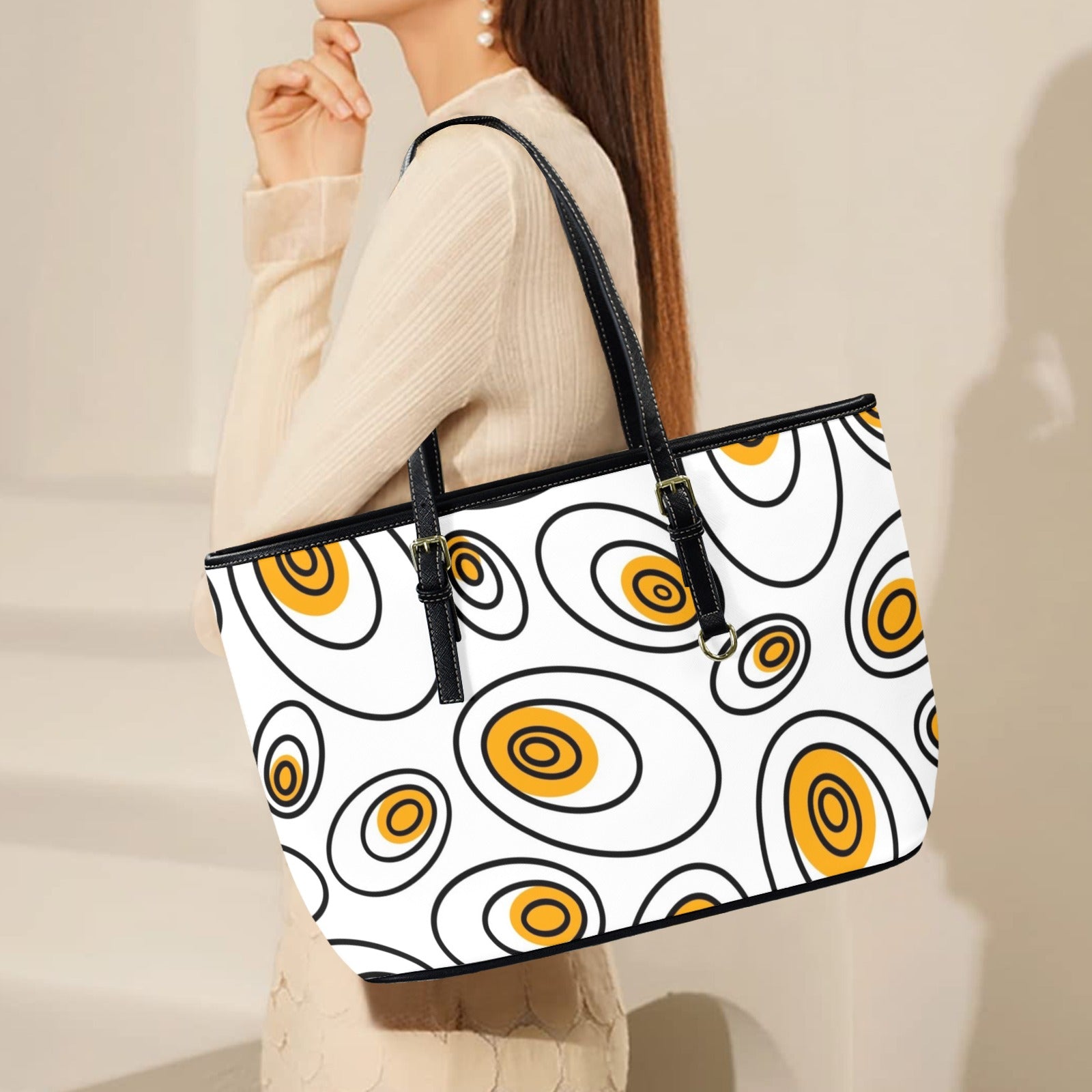 Abstract Eggs - Leather Tote Bag-Large