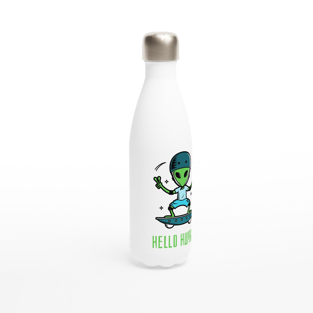 Alien Skateboard, Hello Humans - White 17oz Stainless Steel Water Bottle White Water Bottle Globally Fulfilled Sci Fi