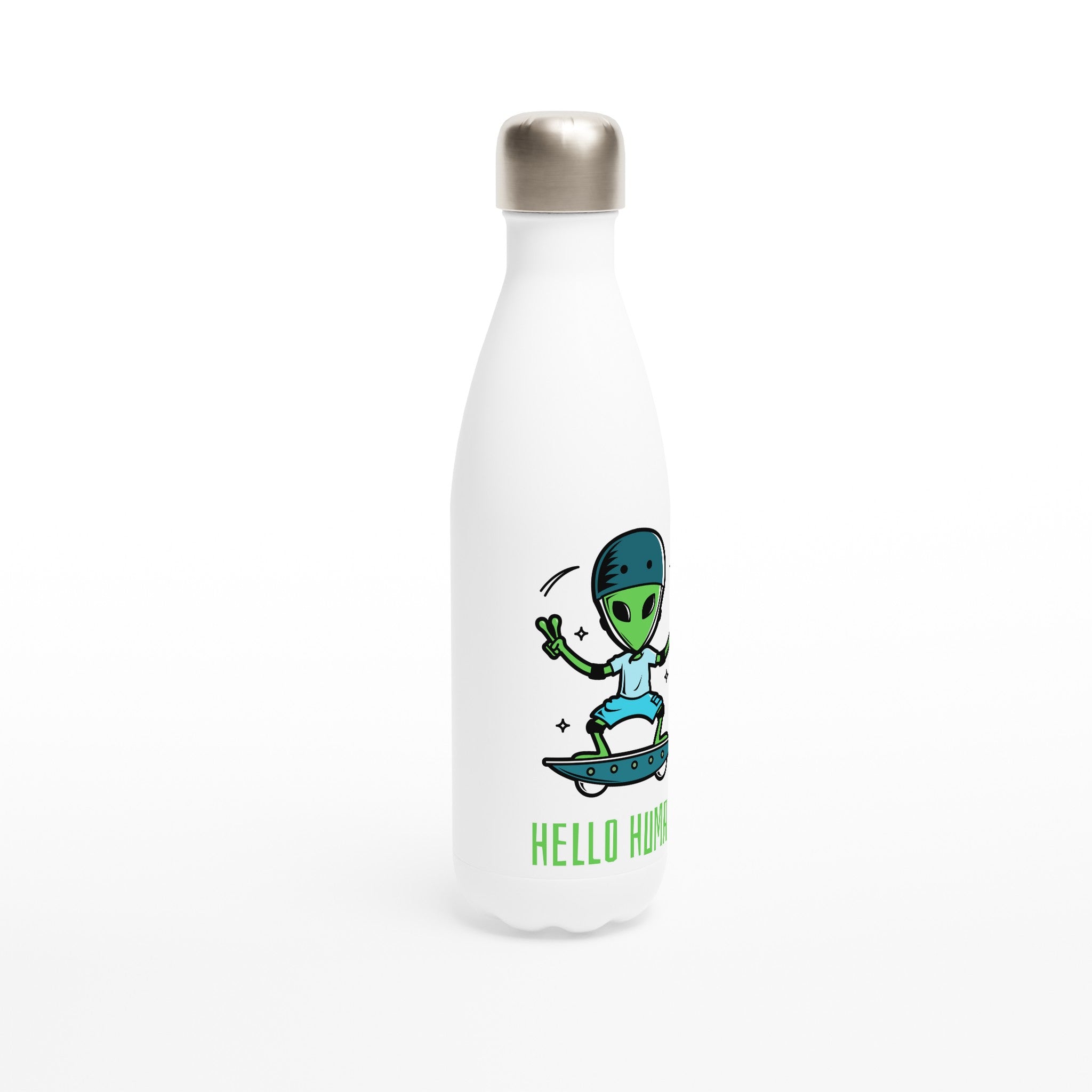 Alien Skateboard, Hello Humans - White 17oz Stainless Steel Water Bottle White Water Bottle Globally Fulfilled Sci Fi