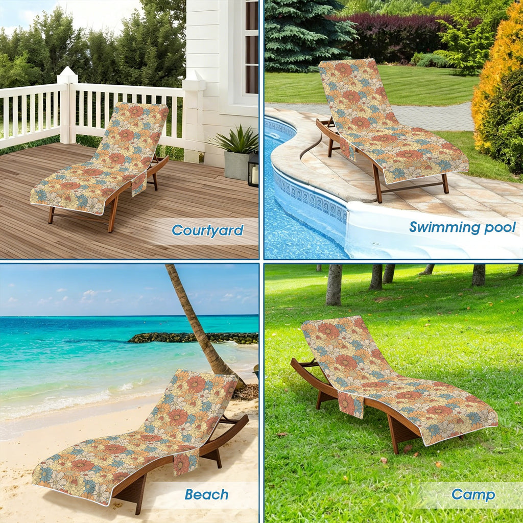 Vintage Retro Floral Beach Chair Towel Cover with Side Pockets