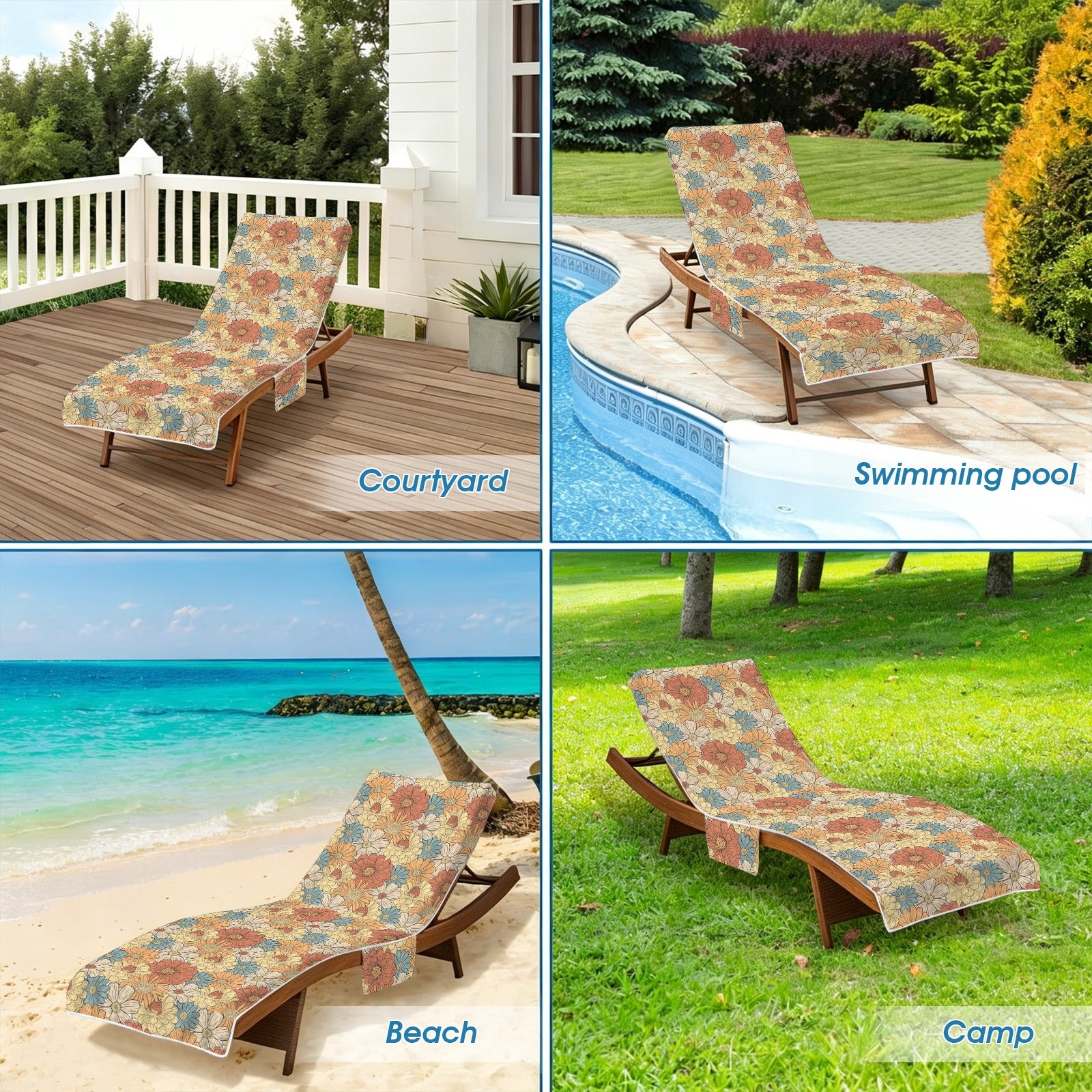 Vintage Retro Floral Beach Chair Towel Cover with Side Pockets