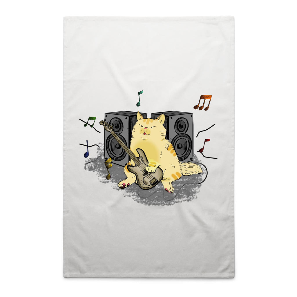 Cat Bass Player - AS Colour Tea Towel White One Size Tea Towel animal Music Printed In Australia