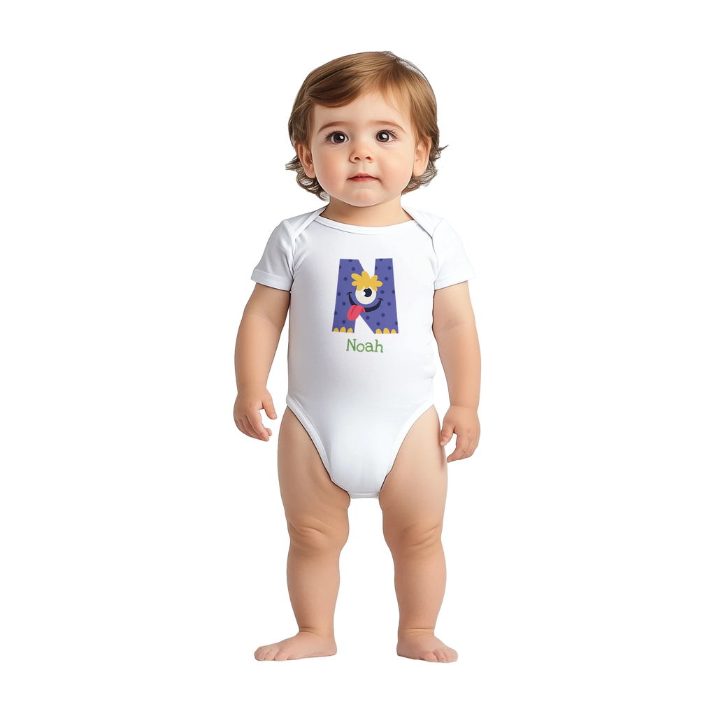 Monster Initial - Personalised Classic Baby Short Sleeve Bodysuit Personalised Baby Bodysuit customise Globally Fulfilled personalise